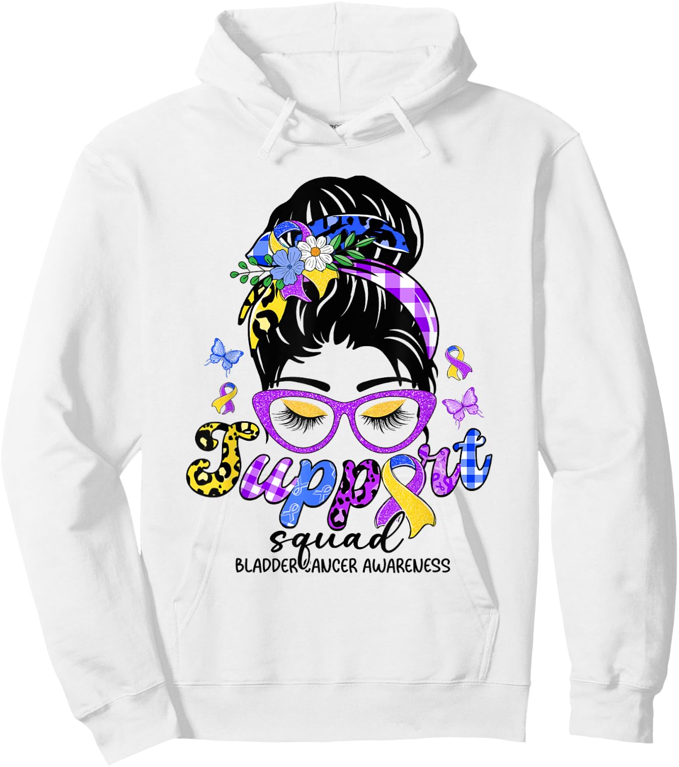 Support Squad Messy Bun Leopard Bladder Cancer Awareness Hoodie - Hoodie | White