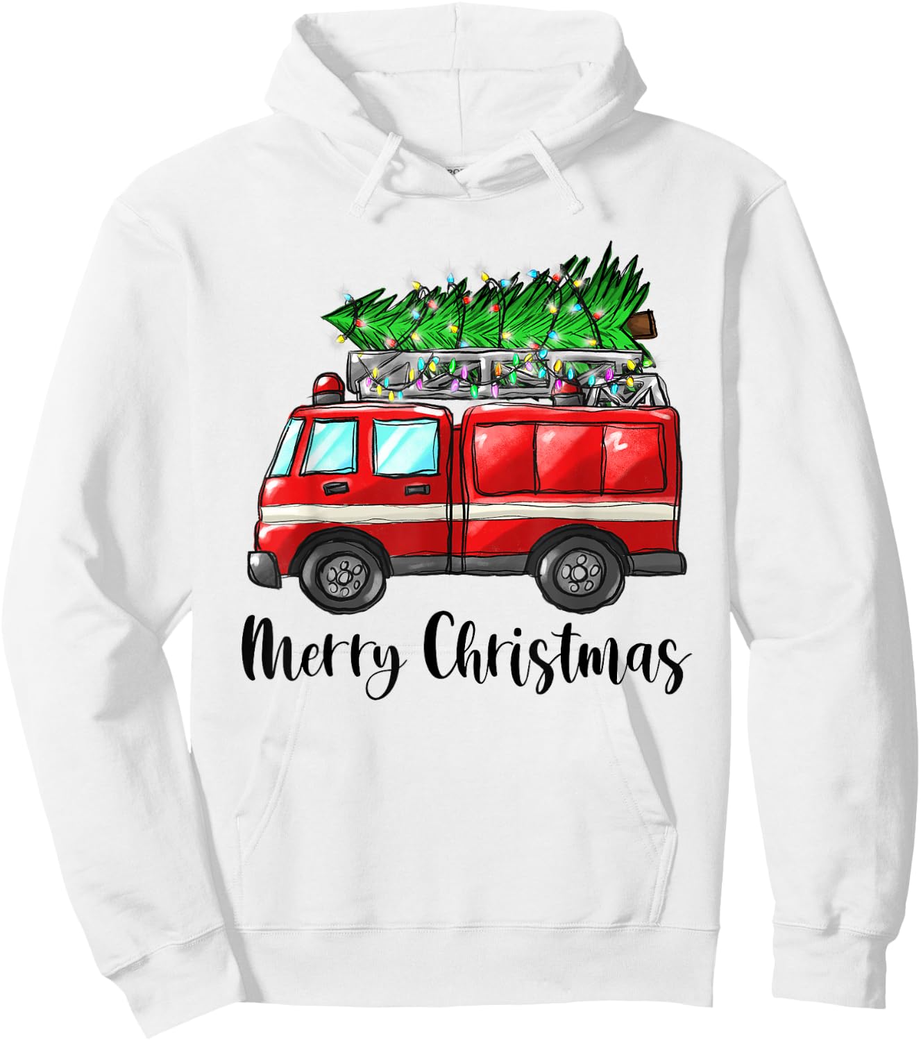 Fire Truck Christmas Tree Light Firefighter Pajama Xmas Hoodie - Hoodie | White