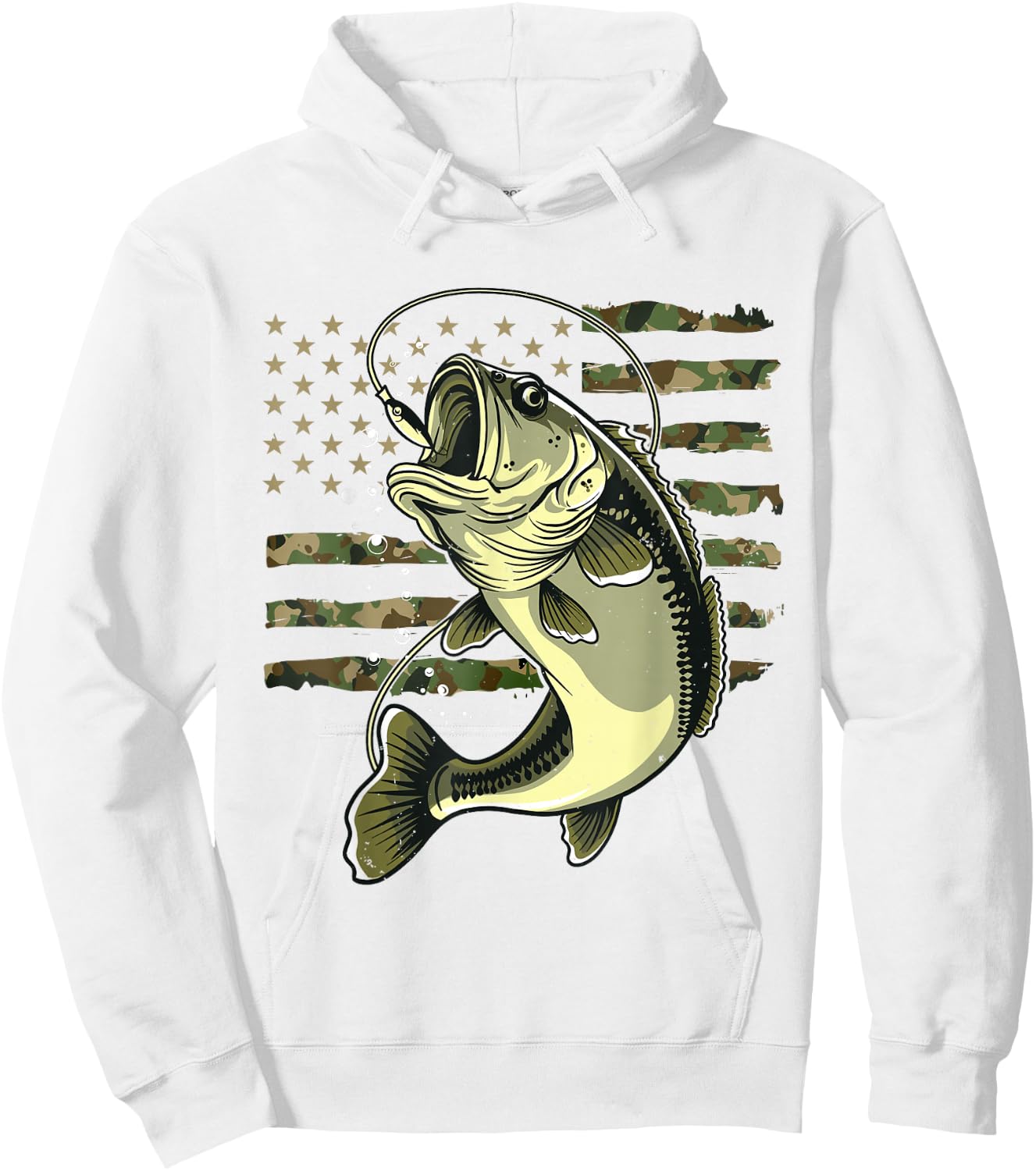 Bass Fish Fishing USA American Flag Camouflage Fisherman Hoodie - Hoodie | White