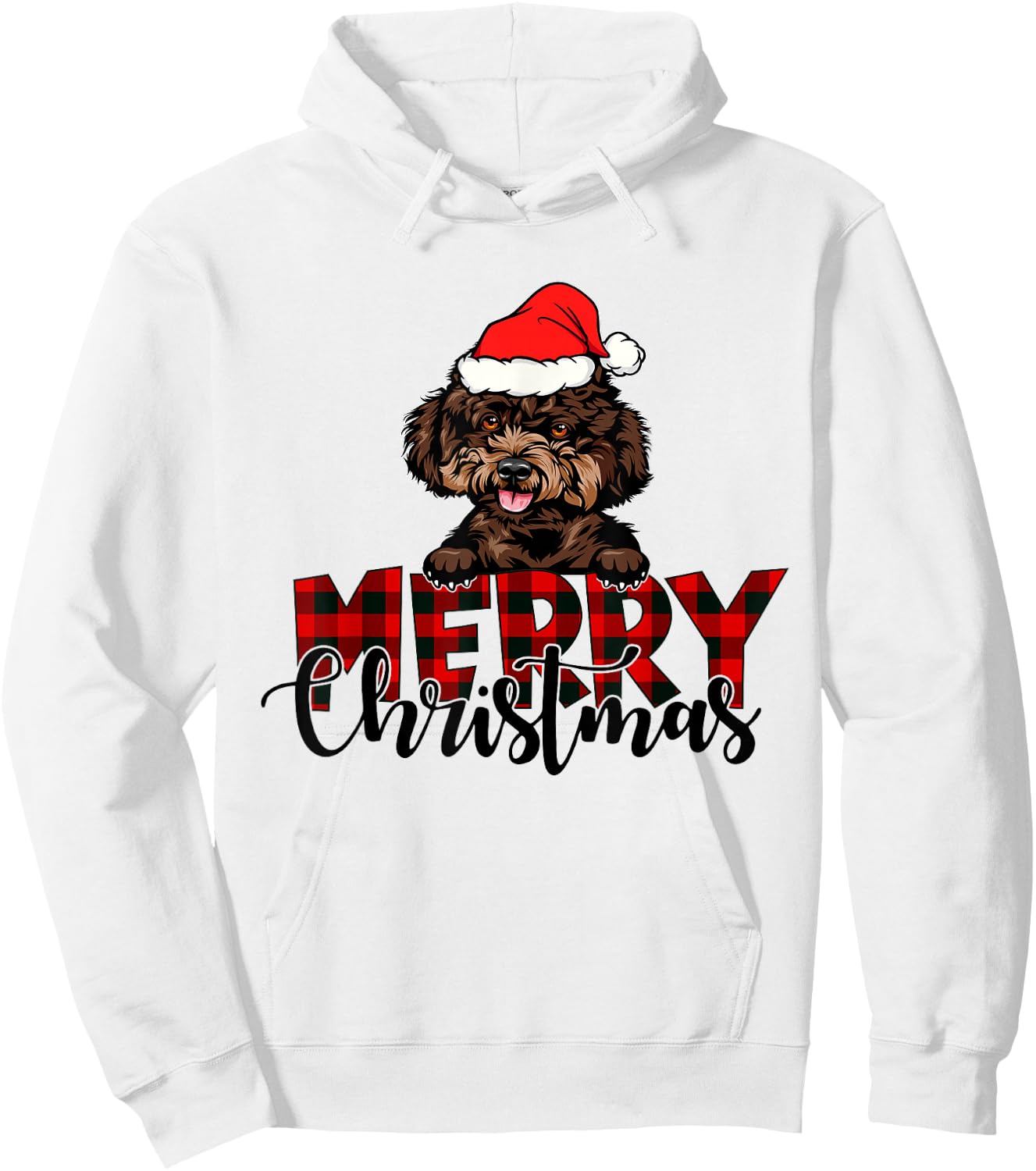 Merry Christmas Poodle Dog Christmas Red Plaid Santa Hat Hoodie - Hoodie | White