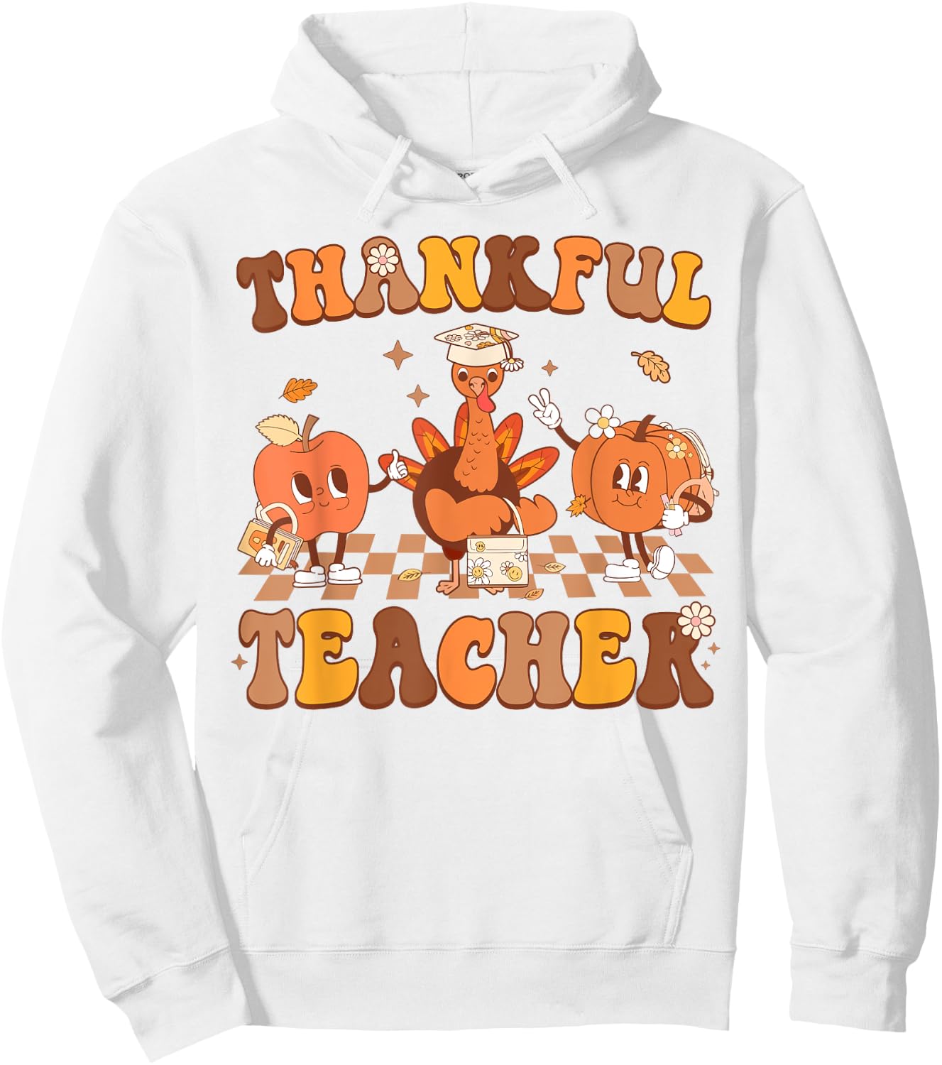 Thankful Teacher Retro Groovy Thanksgiving Fall Women Men Hoodie - Hoodie | White