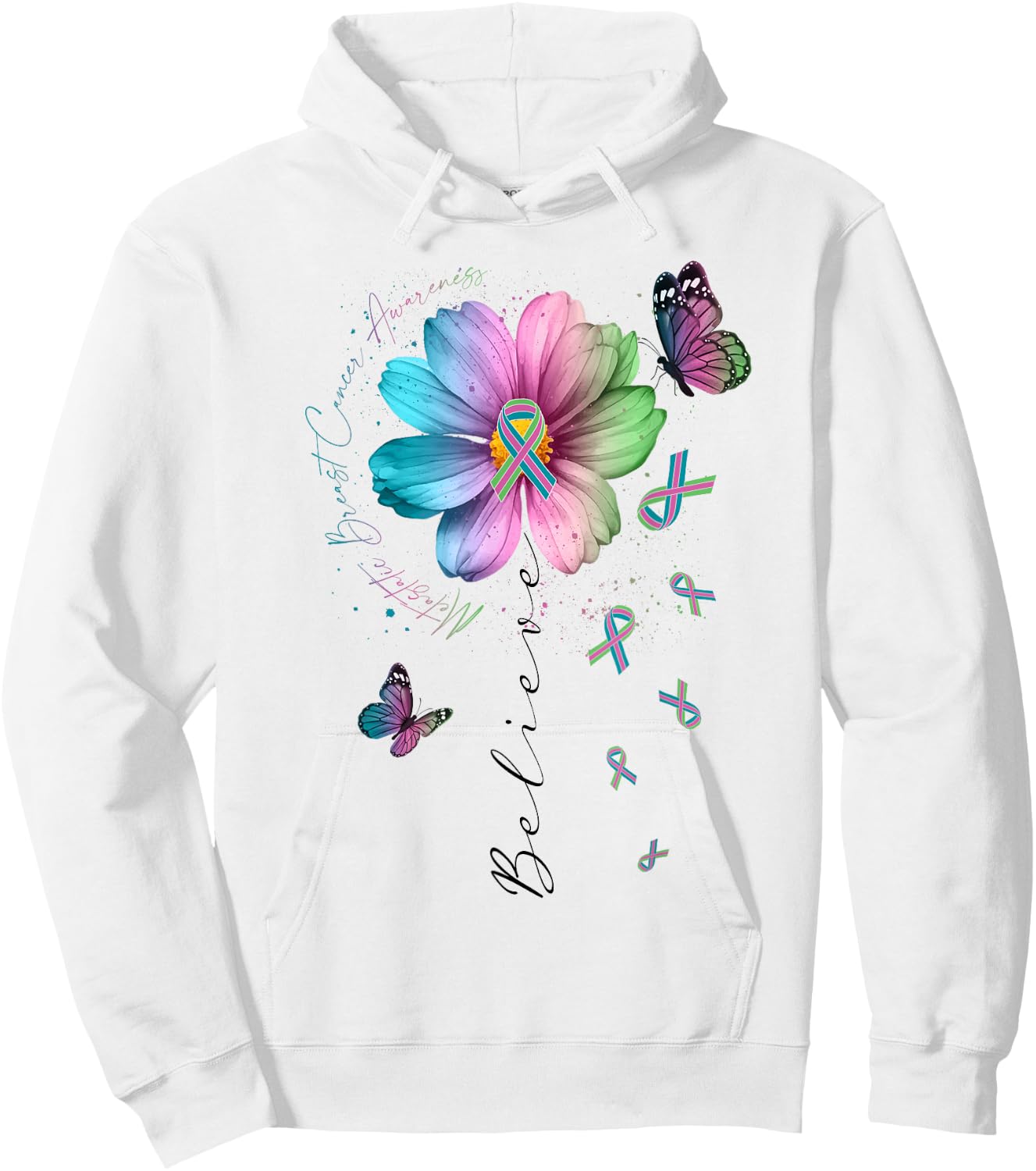 Believe Green Teal Pink Ribbon Cosmos Flower Butterfly MBC Hoodie - Hoodie | White