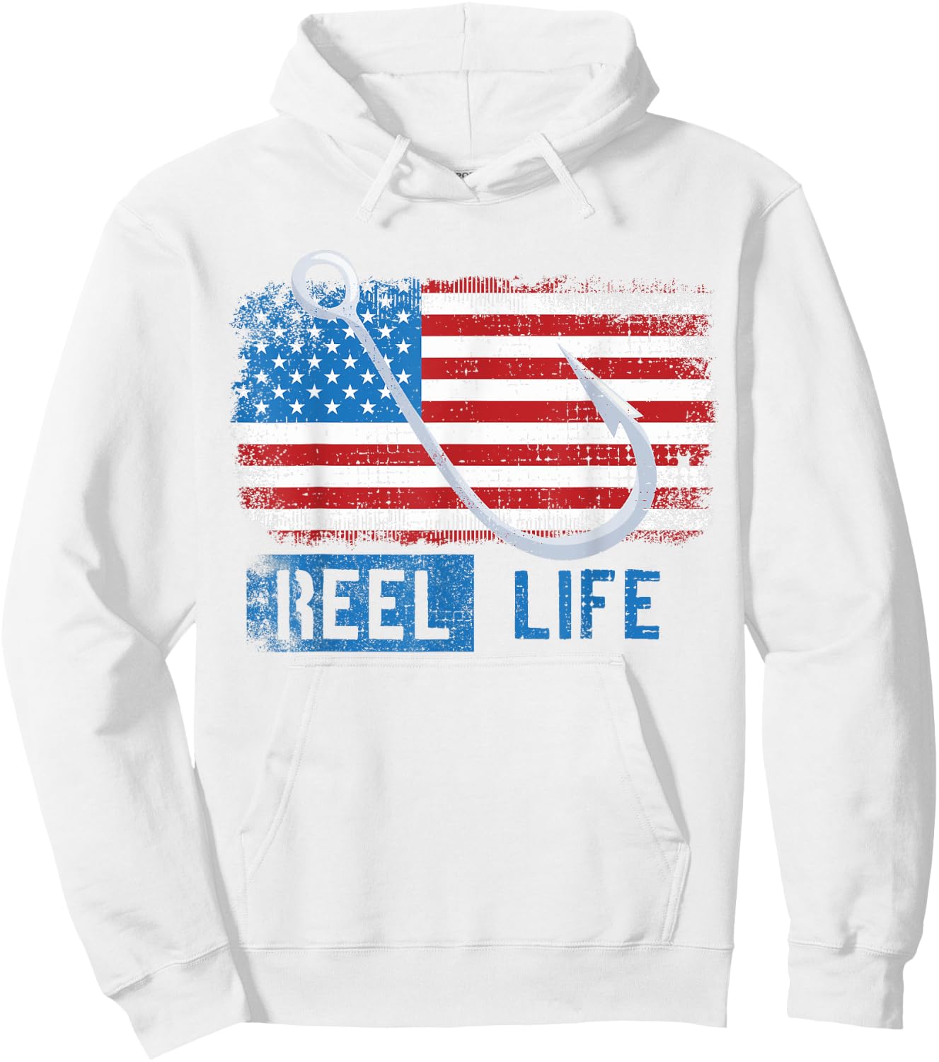 Grunge American Flag Fisherman Graphic, Fishing Reel Life Hoodie - Hoodie | White