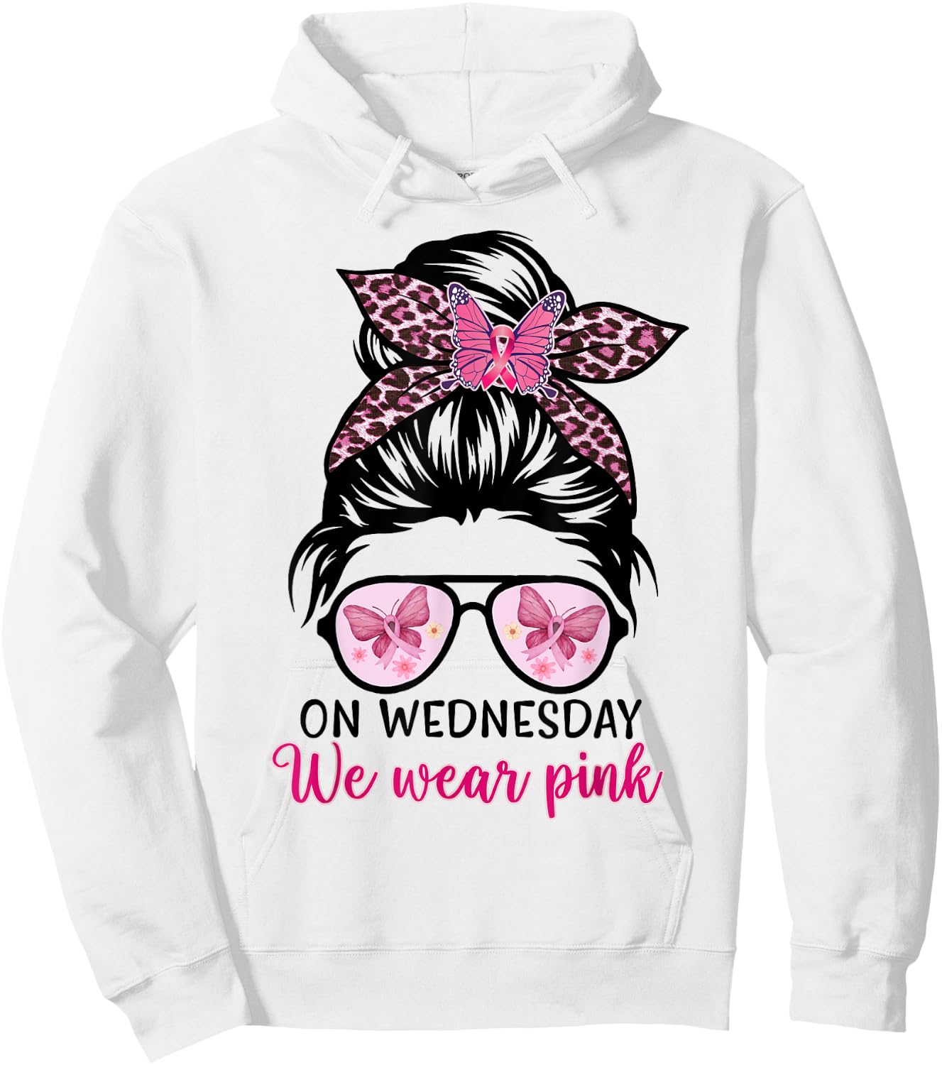 On Wednesday We Wear Pink Messy Bun, Leopard Breast Cancer Hoodie - Hoodie | White