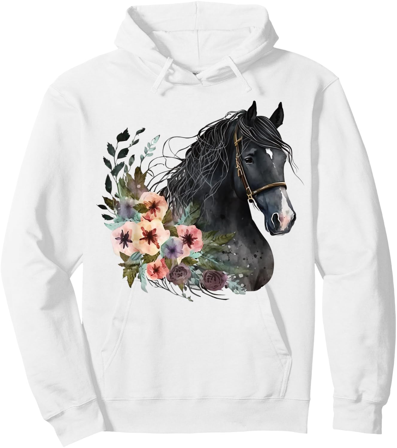 Horse Head Watercolor Equestrian Horse With Flowers Hoodie - Hoodie | White