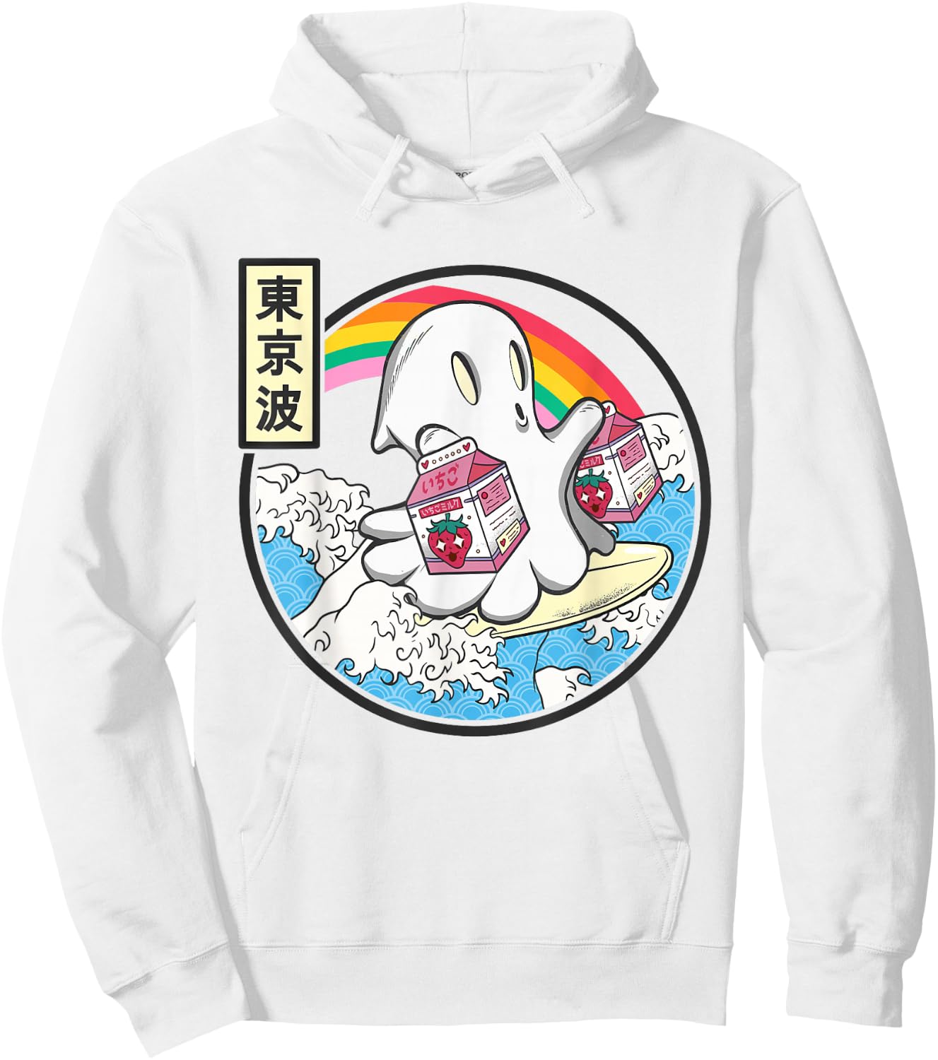 Ghost Strawberry Milk Great Waves Kawaii Aesthetic Hoodie - Hoodie | White