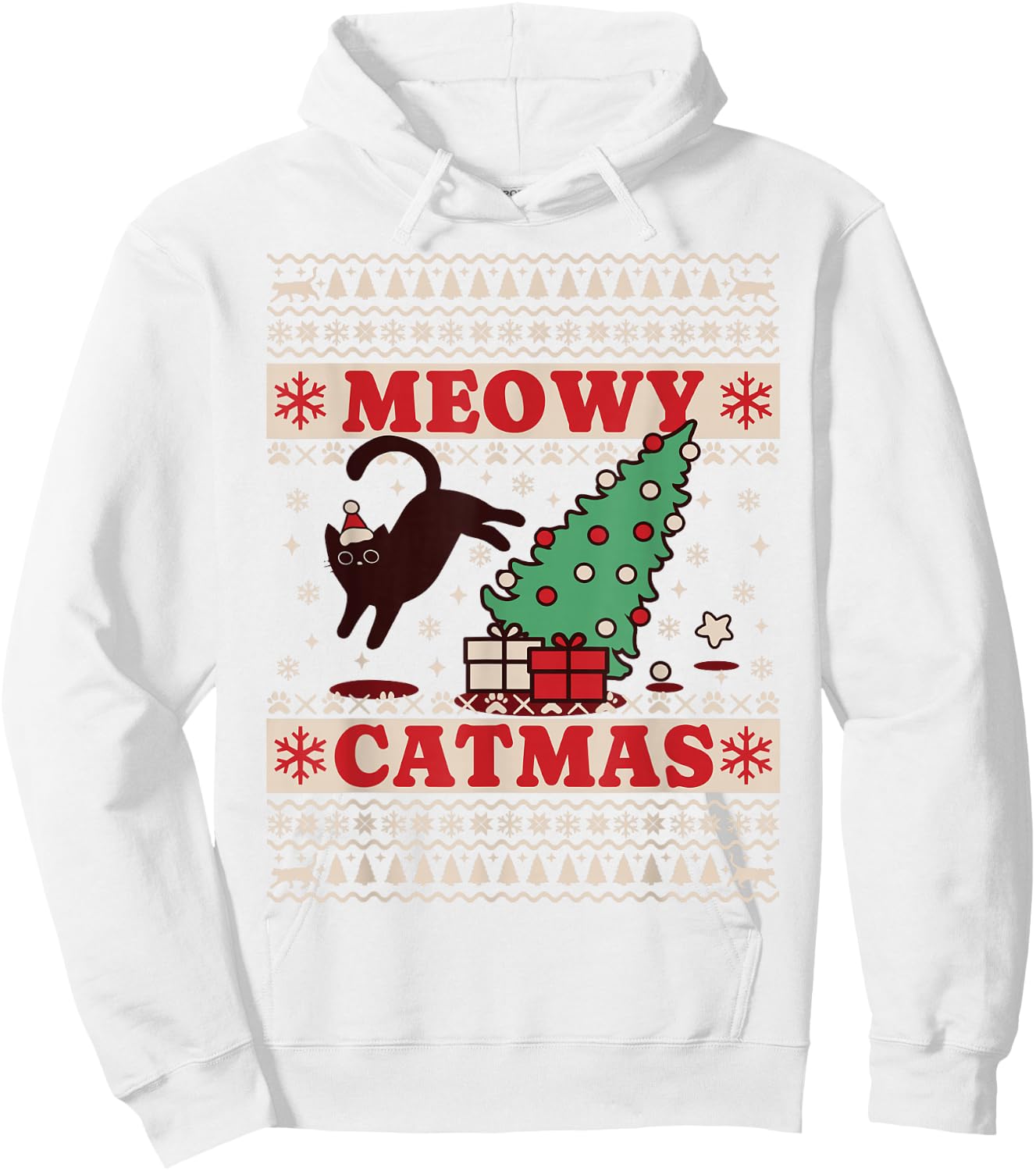 Meowy Catmas, Ugly Christmas Sweater, Cat Christmas Hoodie - Hoodie | White