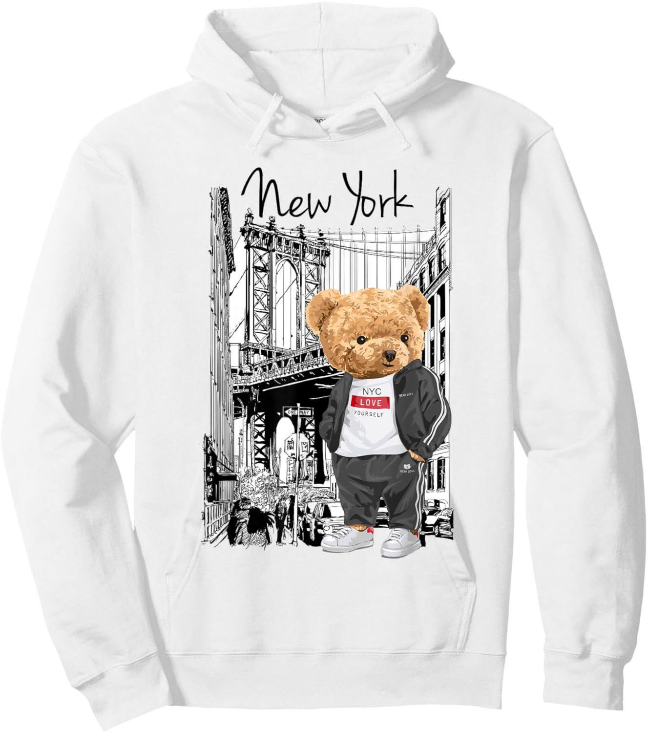 Bahaa's -Kids Grey Cartoon Teddy Bear NYC Graphic Hoodie - Hoodie | White