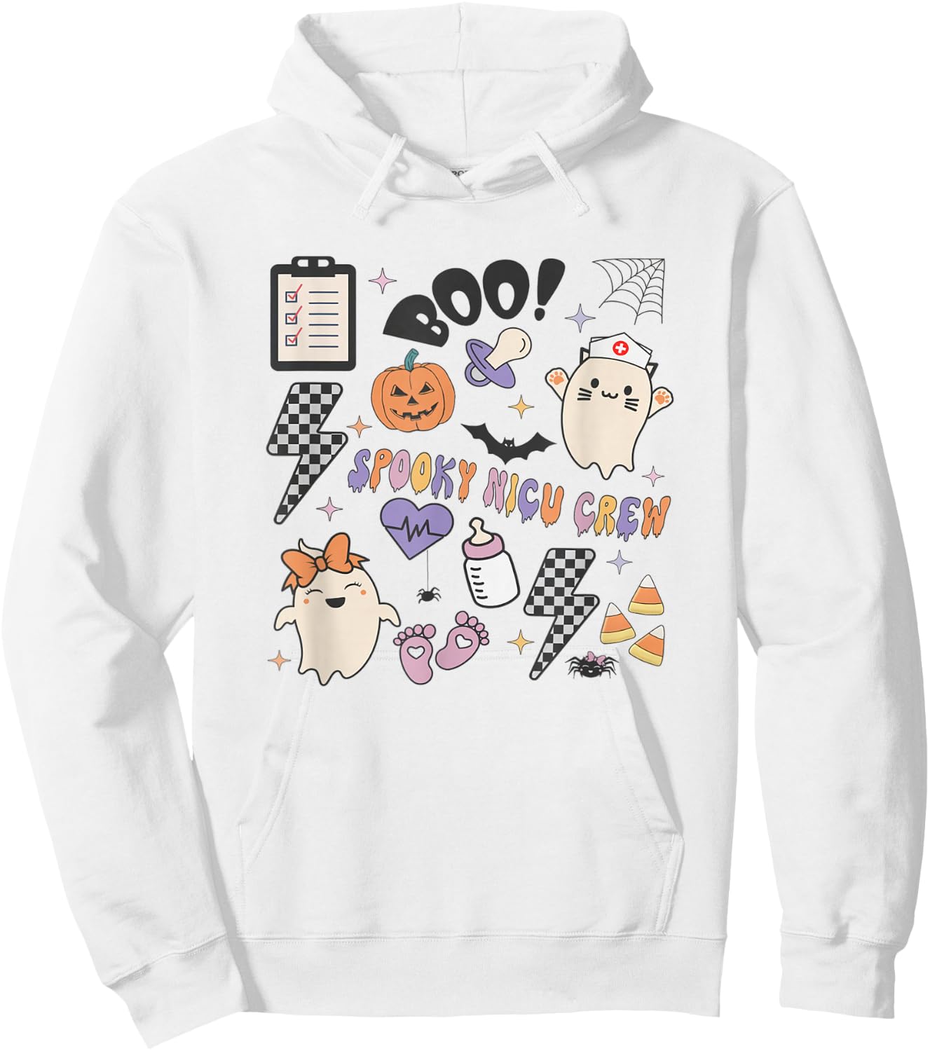 Retro Spooky NICU Nurse Halloween Cute Pumpkin Ghost Women Hoodie - Hoodie | White