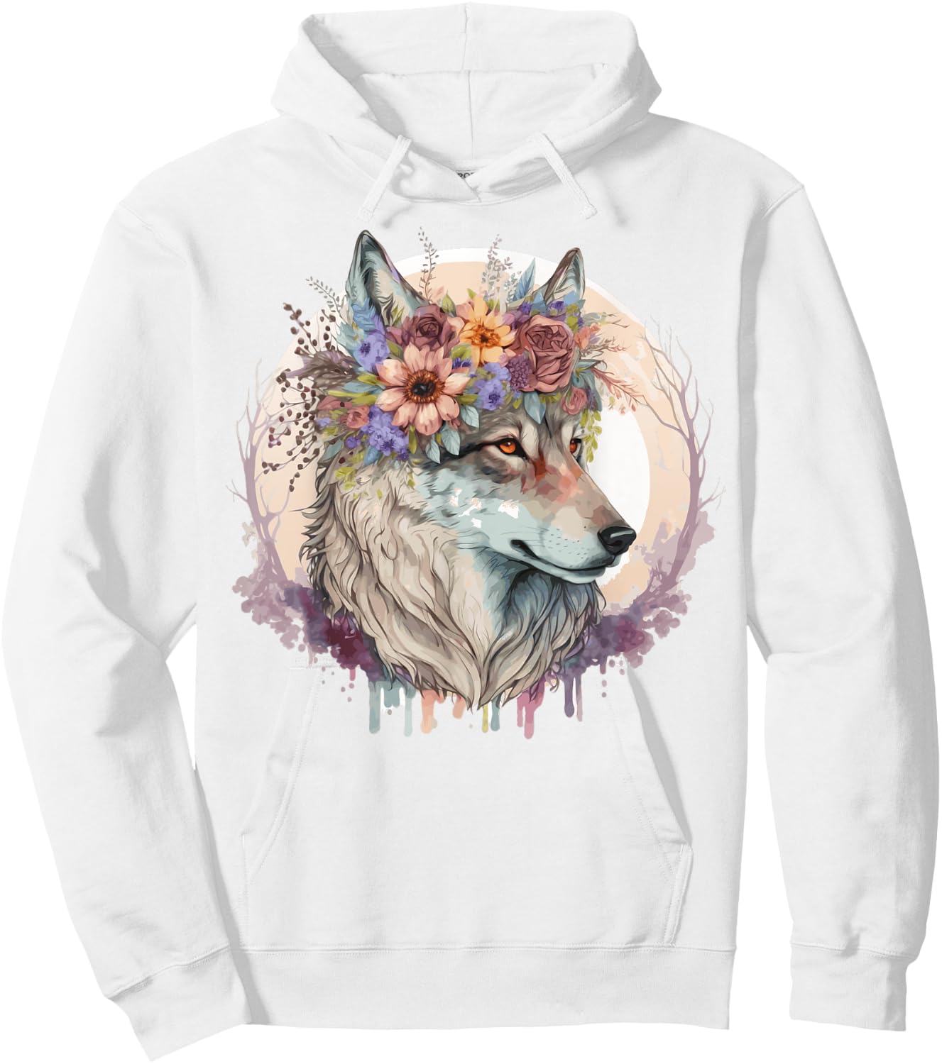 Cute Wolf Flower Crown Boho Aesthetic Animal Lovers Hoodie - Hoodie | White