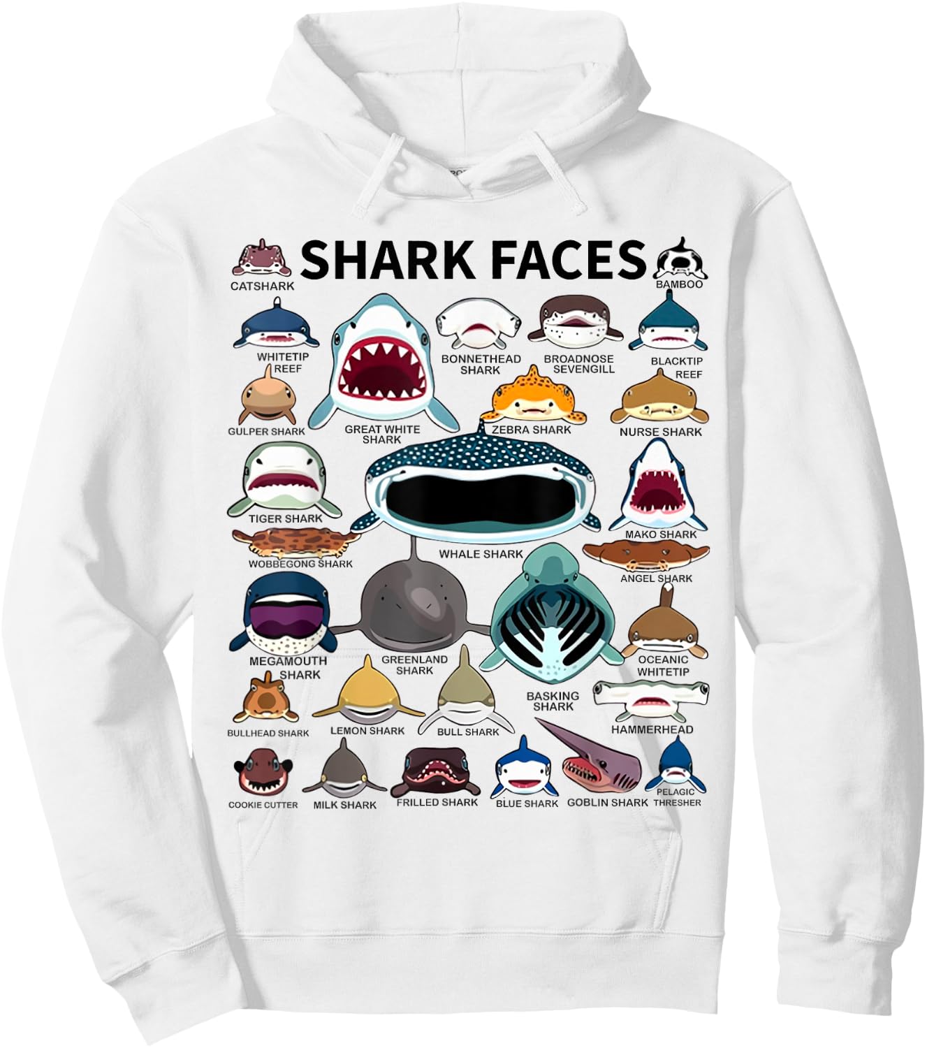 Shark Faces - Type of Shark - Shark Faces of All Kinds Hoodie - Hoodie | White