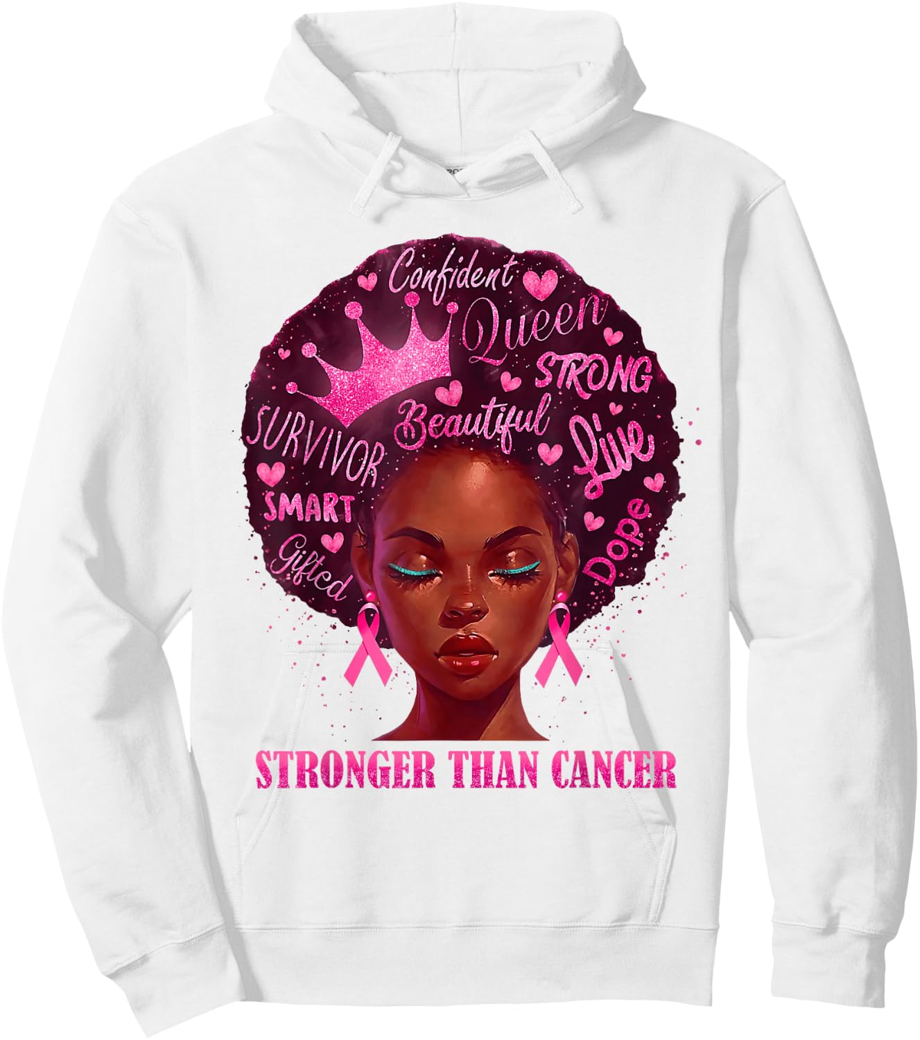 Black Women Queen Stronger Than Breast Cancer Pink Ribbon Hoodie - Hoodie | White