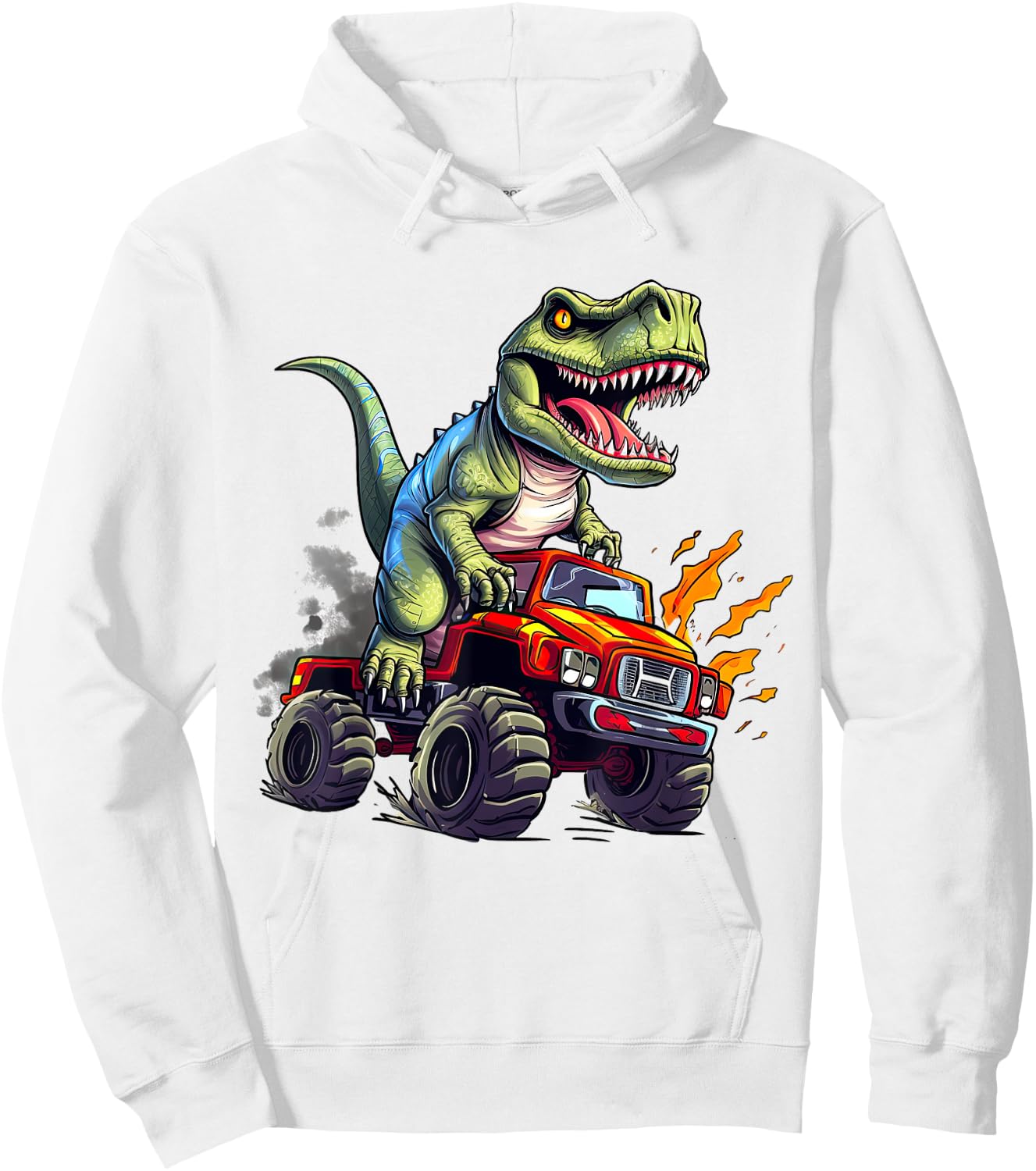 Dinosaur Riding Monster Truck Present For Boys Kids Adult Hoodie - Hoodie | White