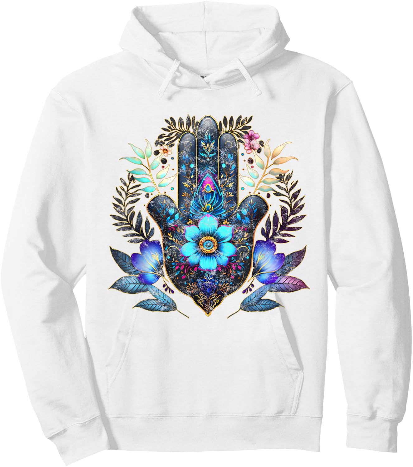 Hamsa, hand, blue, Nazar, flower, eye, charm, vintage, luck Hoodie - Hoodie | White