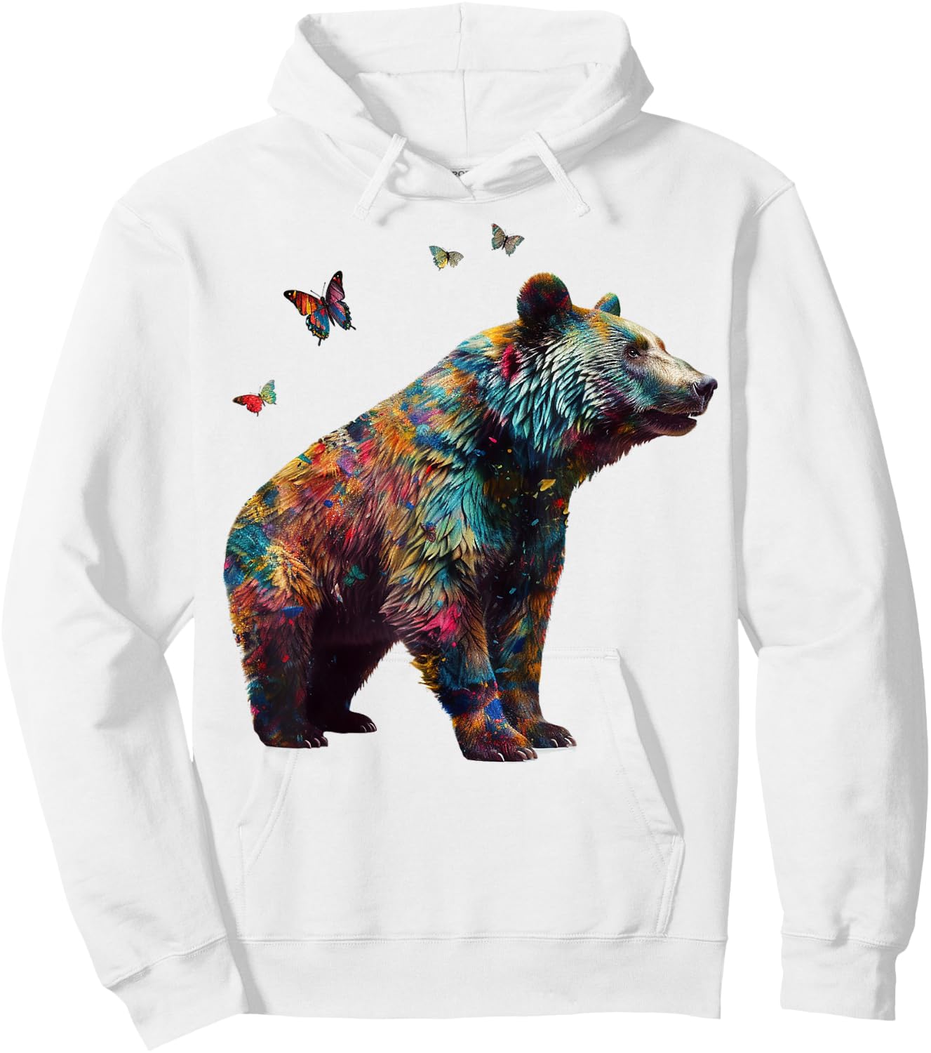 Bear Butterfly Artwork |Colorful Animal Motif Bear Hoodie - Hoodie | White