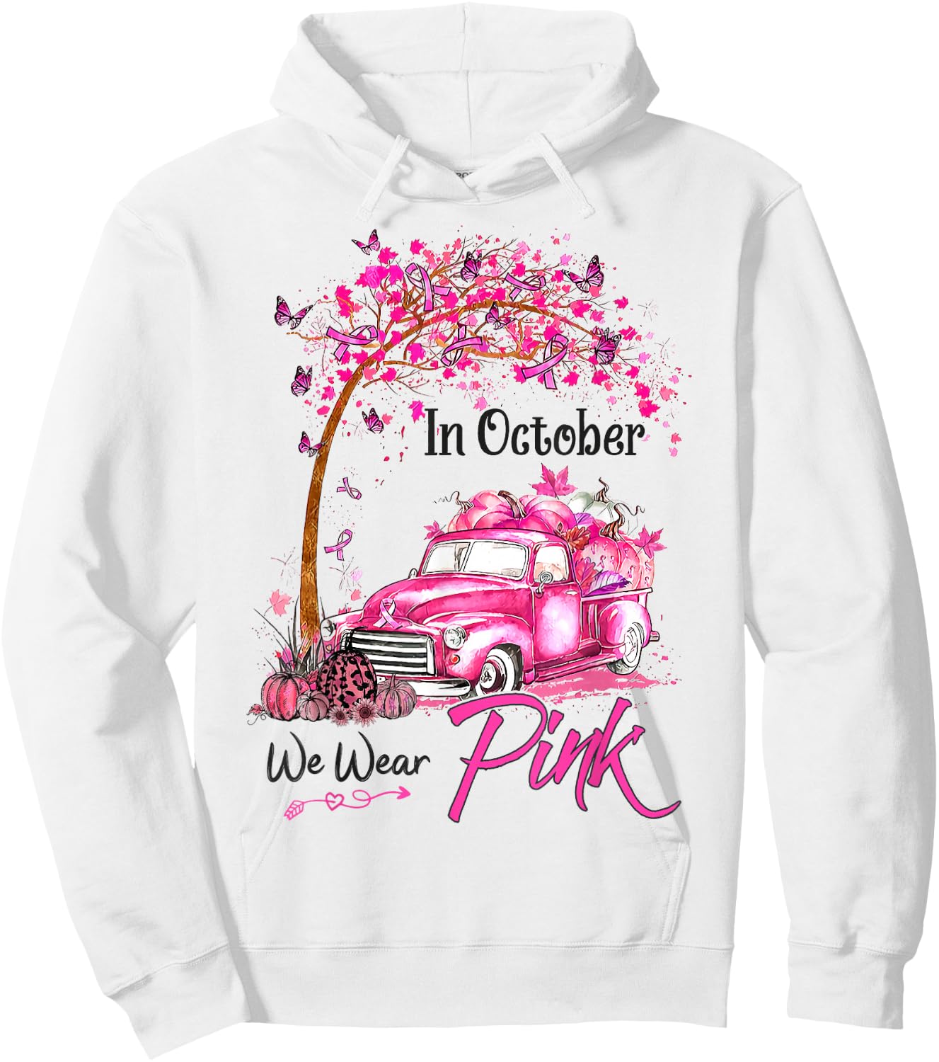 In October We Wear Pink Car Pumpkin Breast Cancer Halloween Hoodie - Hoodie | White
