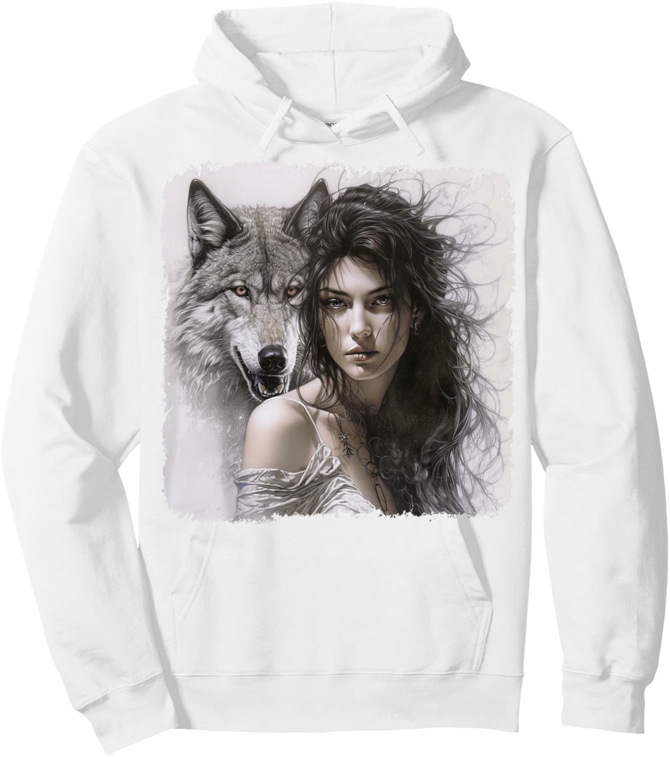 Woman with Gray Wolf Fantasy Art Painting Hoodie - Hoodie | White