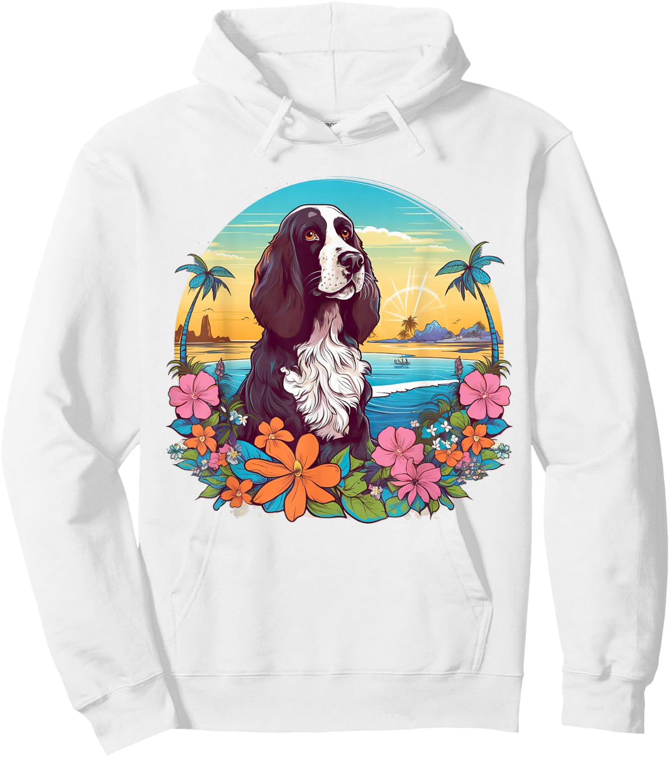 Floral Beach Vacation English Springer Spaniel Dog Hoodie - Hoodie | White