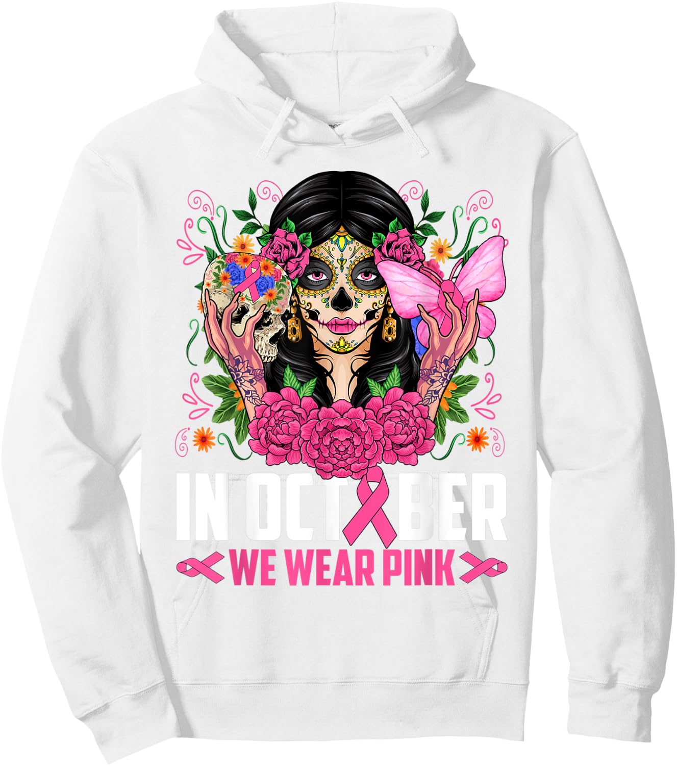 In October Wear Pink Sugar Skull Breast Cancer Halloween Day Hoodie - Hoodie | White