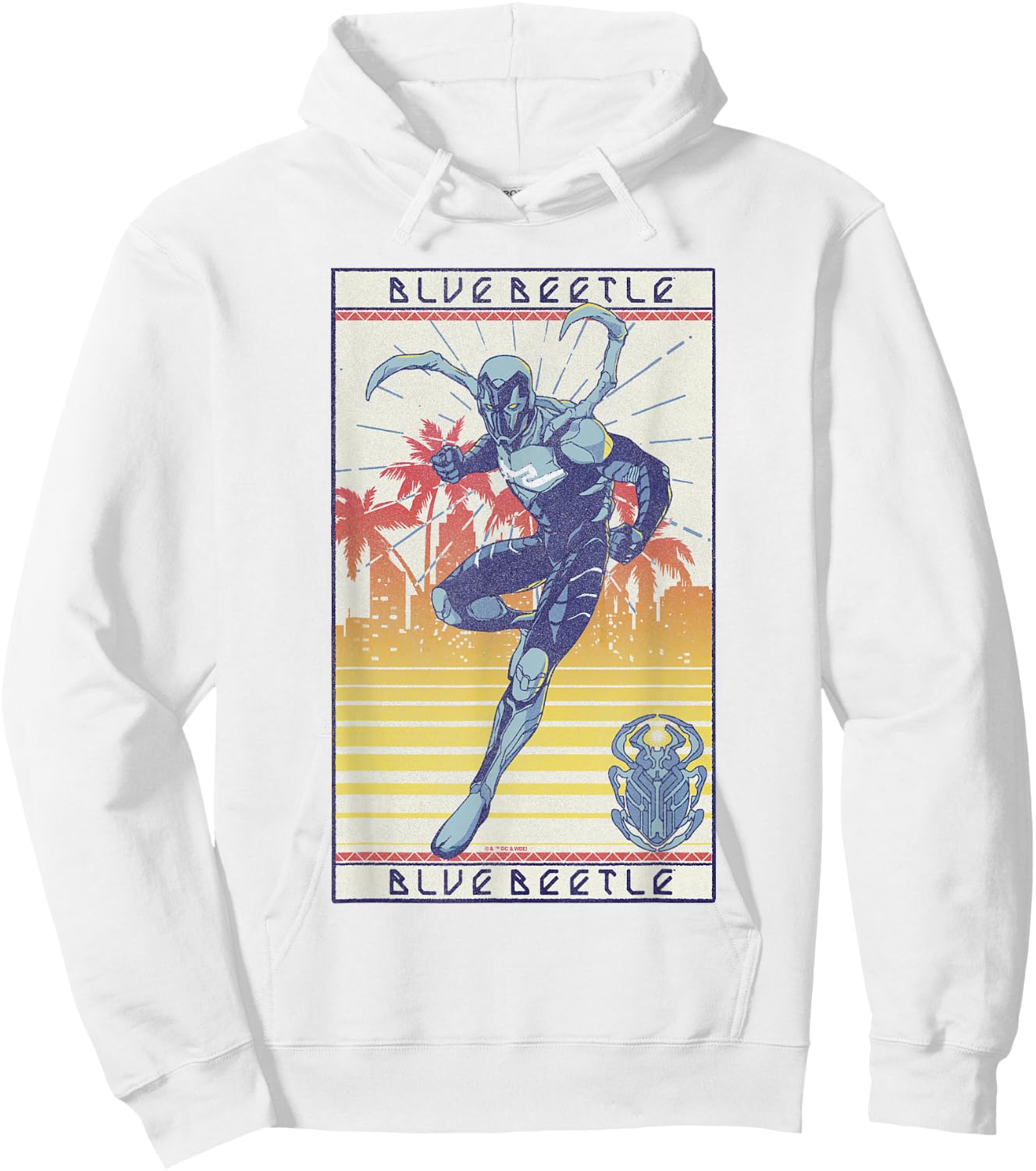 Blue Beetle Cool Pose Over Sunny City Vintage Portrait Hoodie - Hoodie | White
