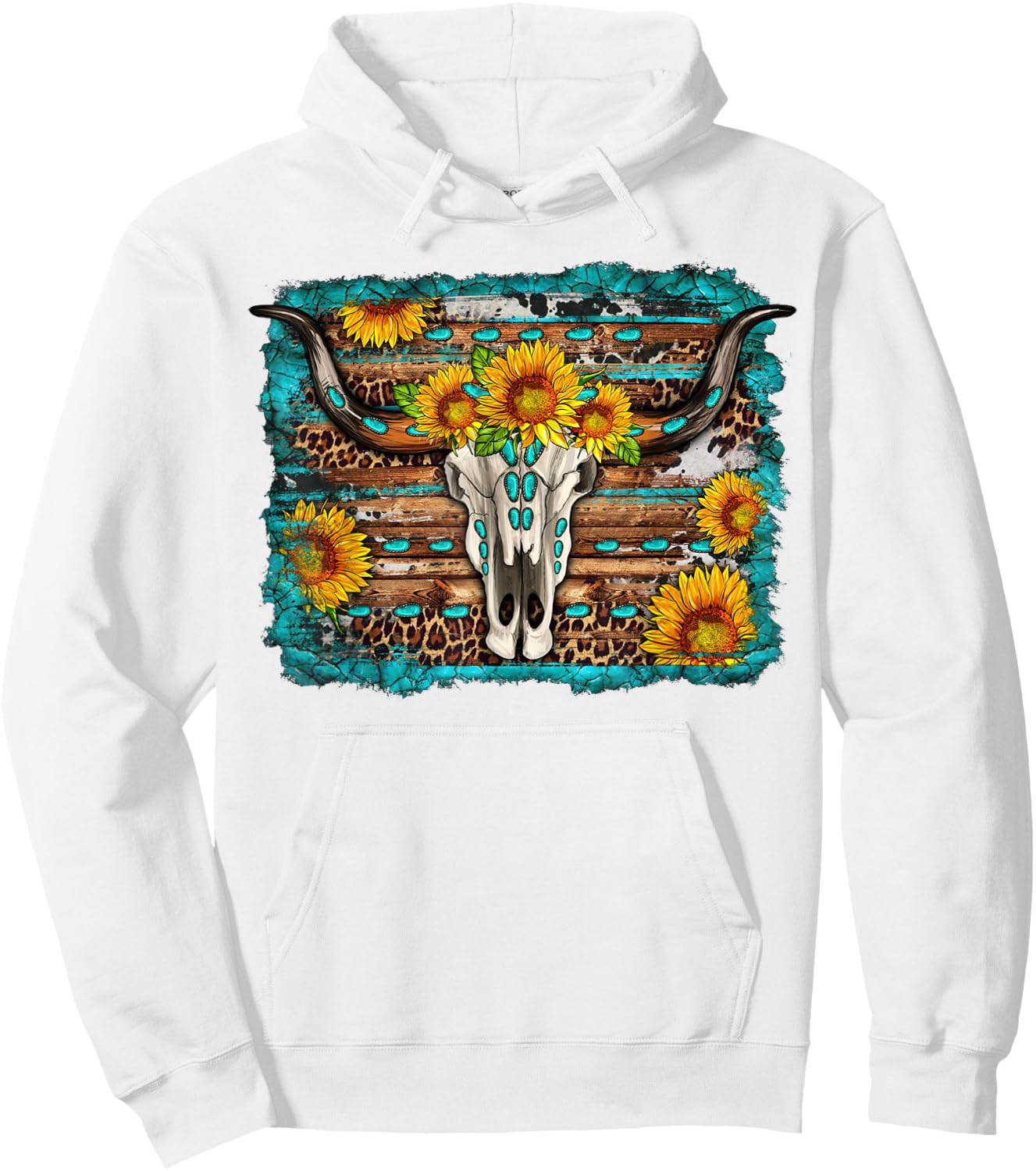 Longhorn Bull Skull Sunflower Turquoise Western Country Hoodie - Hoodie | White