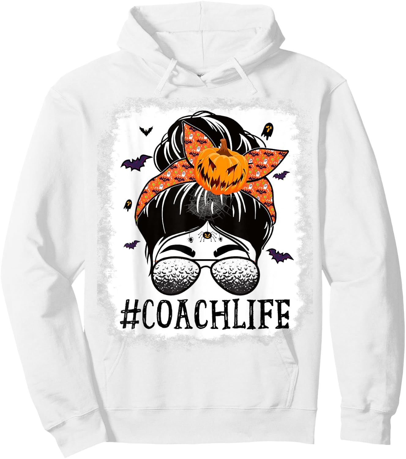 Coach Messy Bun Spooky Pumpkin Bat Orange Halloween Costume Hoodie - Hoodie | White