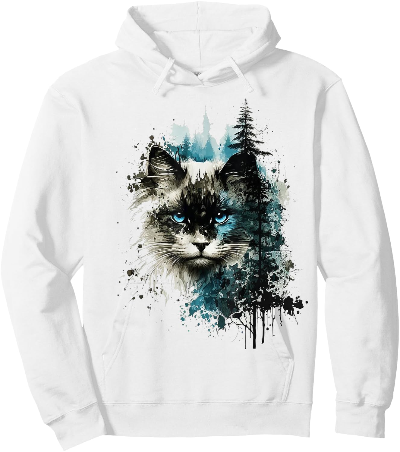 Cat Blue Eyes Cat Motif Art Forest Animal Cat Hoodie - Hoodie | White