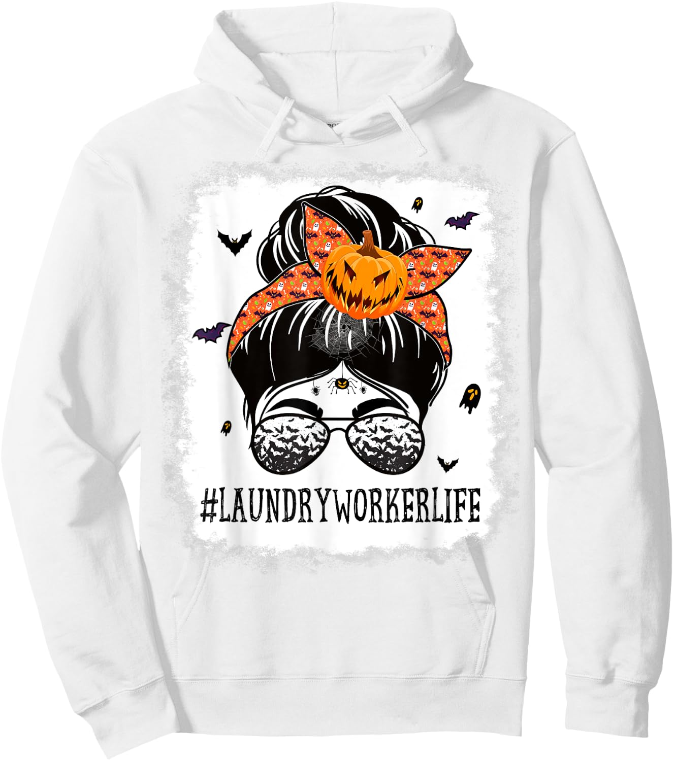 Laundry Worker Messy Bun Spooky Pumpkin Halloween Costume Hoodie - Hoodie | White