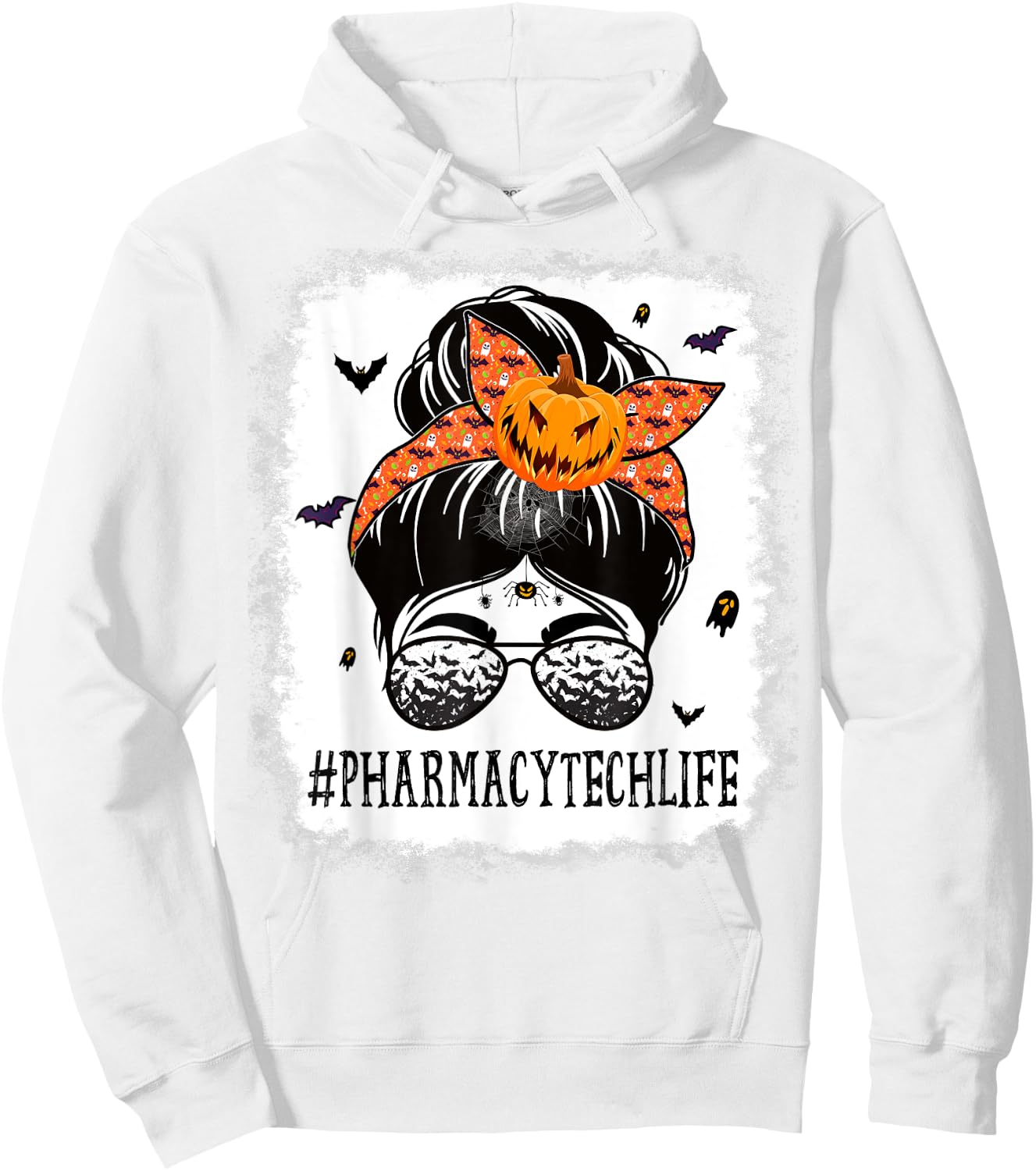 Pharmacy Tech Messy Bun Spooky Pumpkin Halloween Costume Hoodie - Hoodie | White