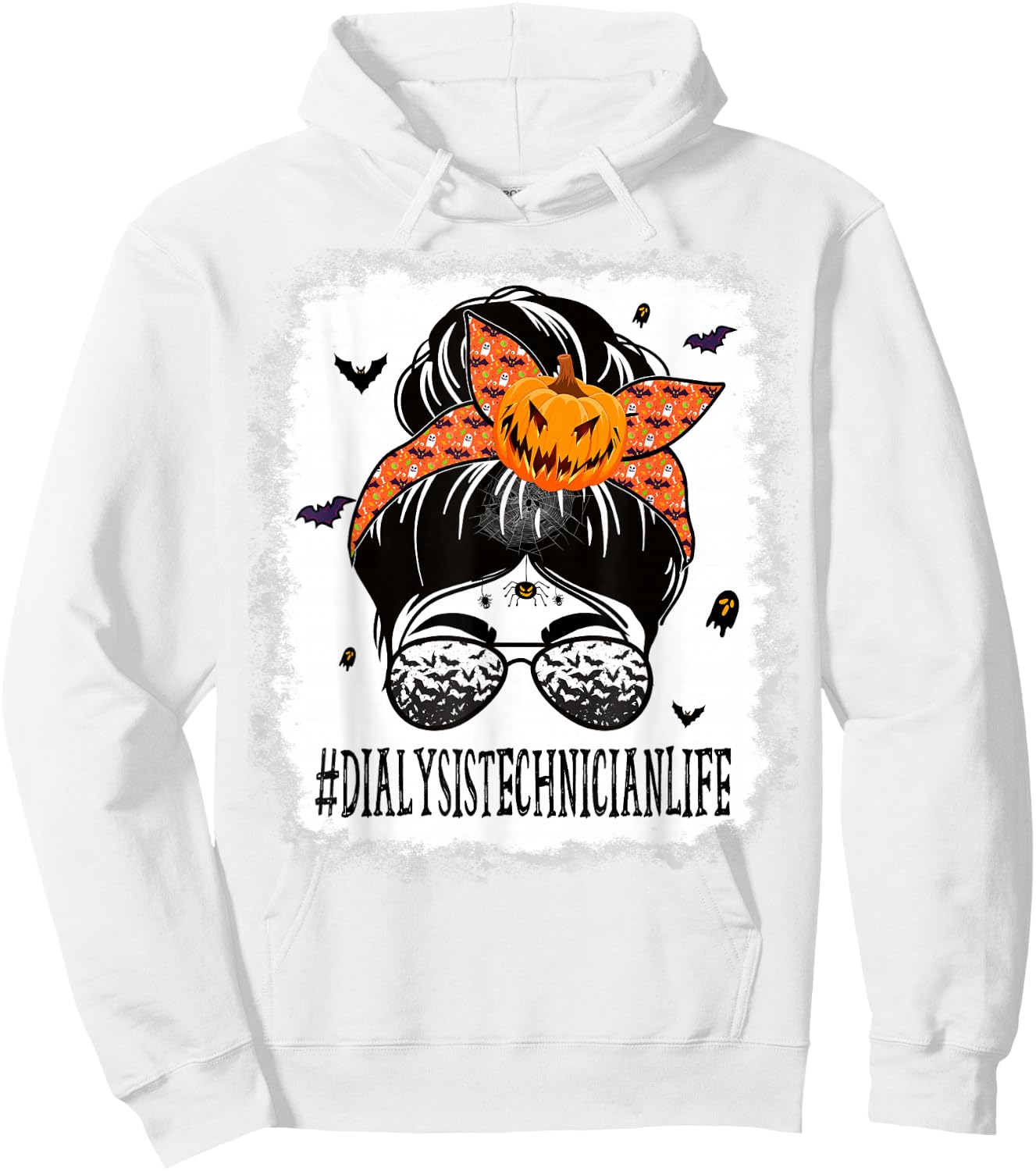 Dialysis Technician Messy Bun Spooky Pumpkin Halloween Women Hoodie - Hoodie | White