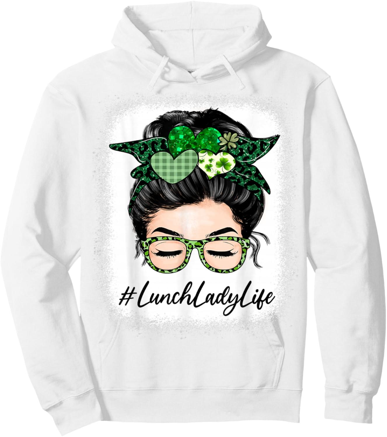 Lunch Lady Women Messy Bun St Patrick's Day Shamrock Hoodie - Hoodie | White