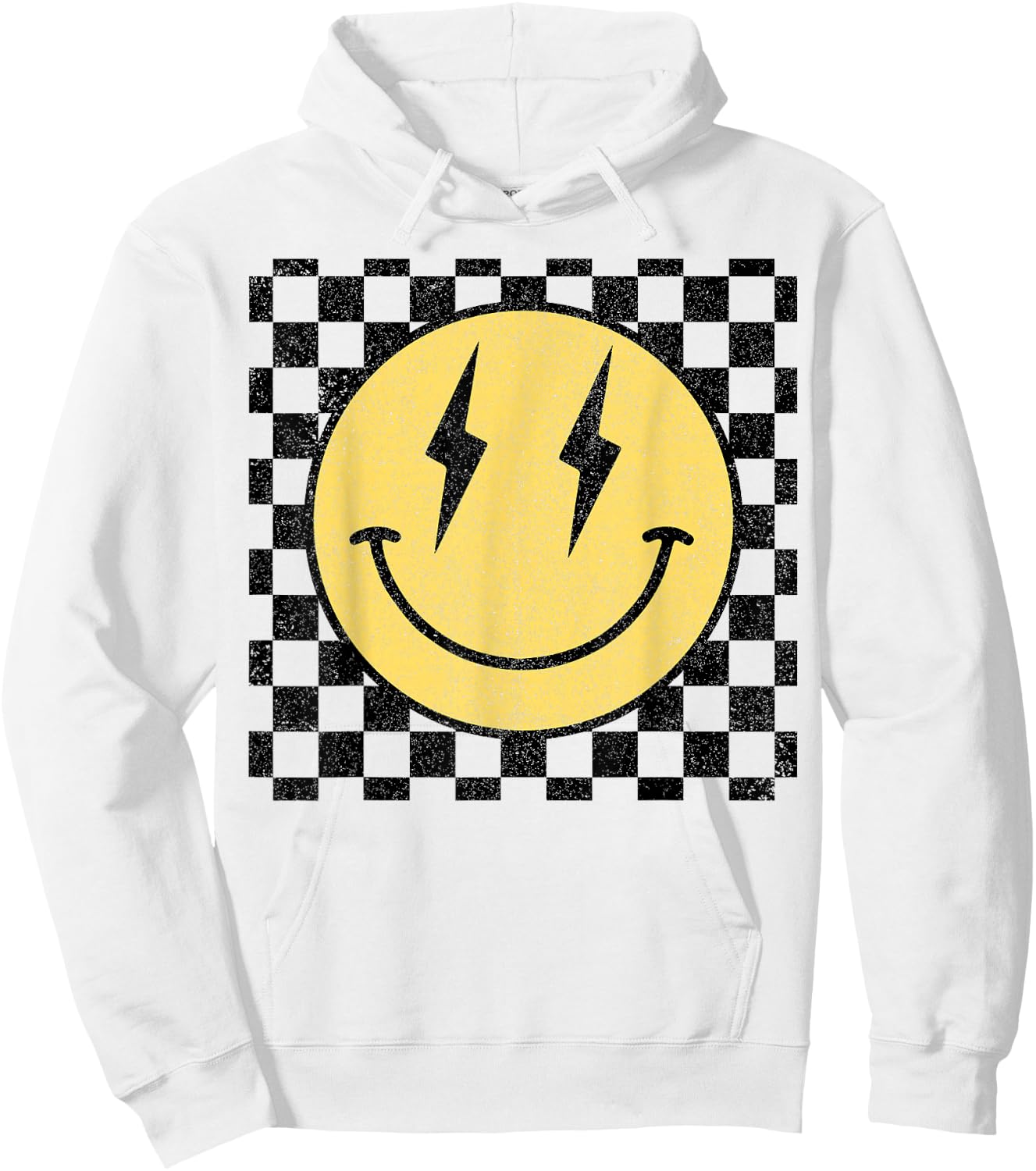 Retro Happy Face Shirt Checkered Pattern Smile Face Trendy Hoodie - Hoodie | White