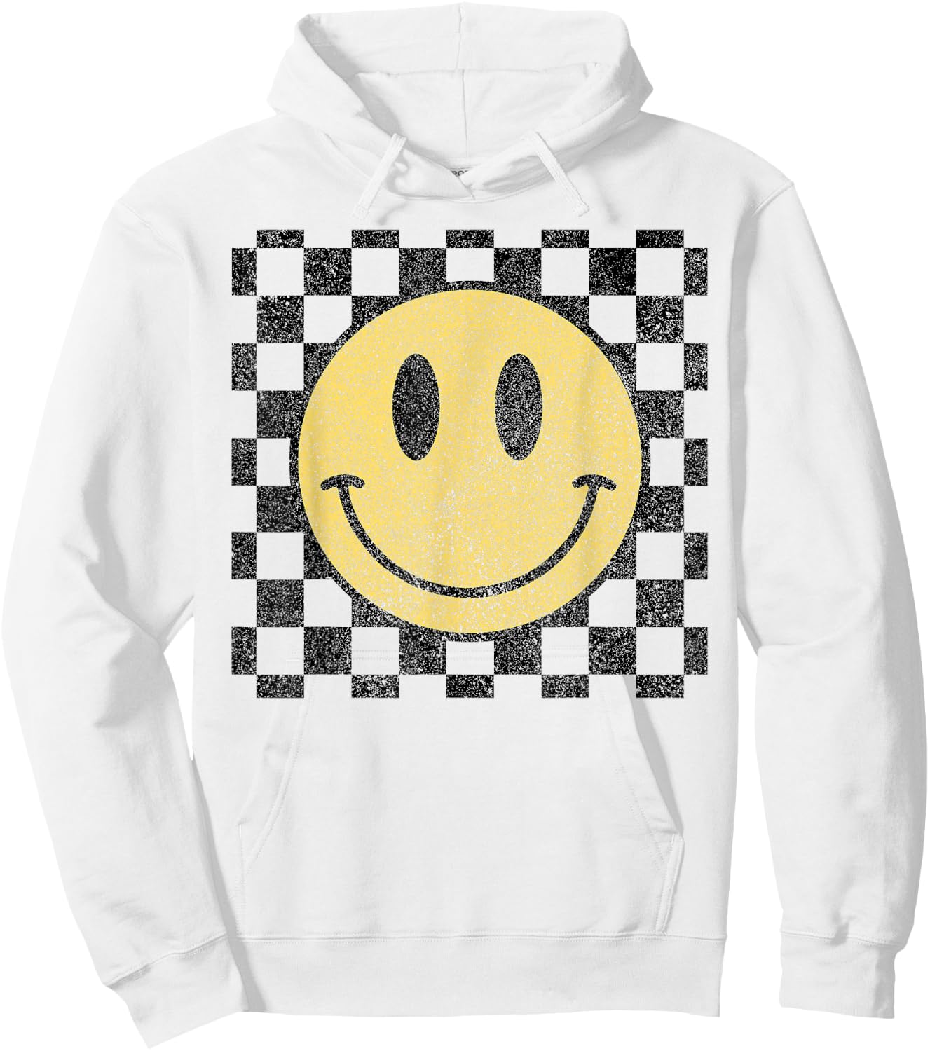 Retro Happy Face Checkered Pattern Smile Face Trendy Hoodie - Hoodie | White