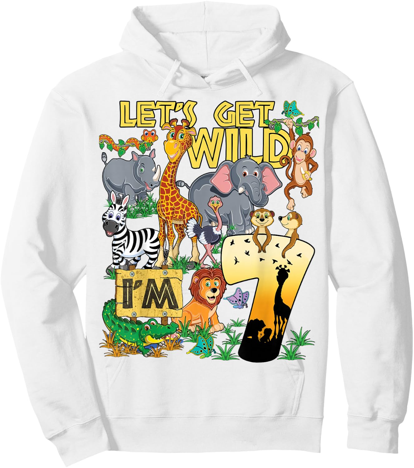 7 Year Old Zoo Safari Birthday Party Lets Get Wild I'm 7 Hoodie - Hoodie | White