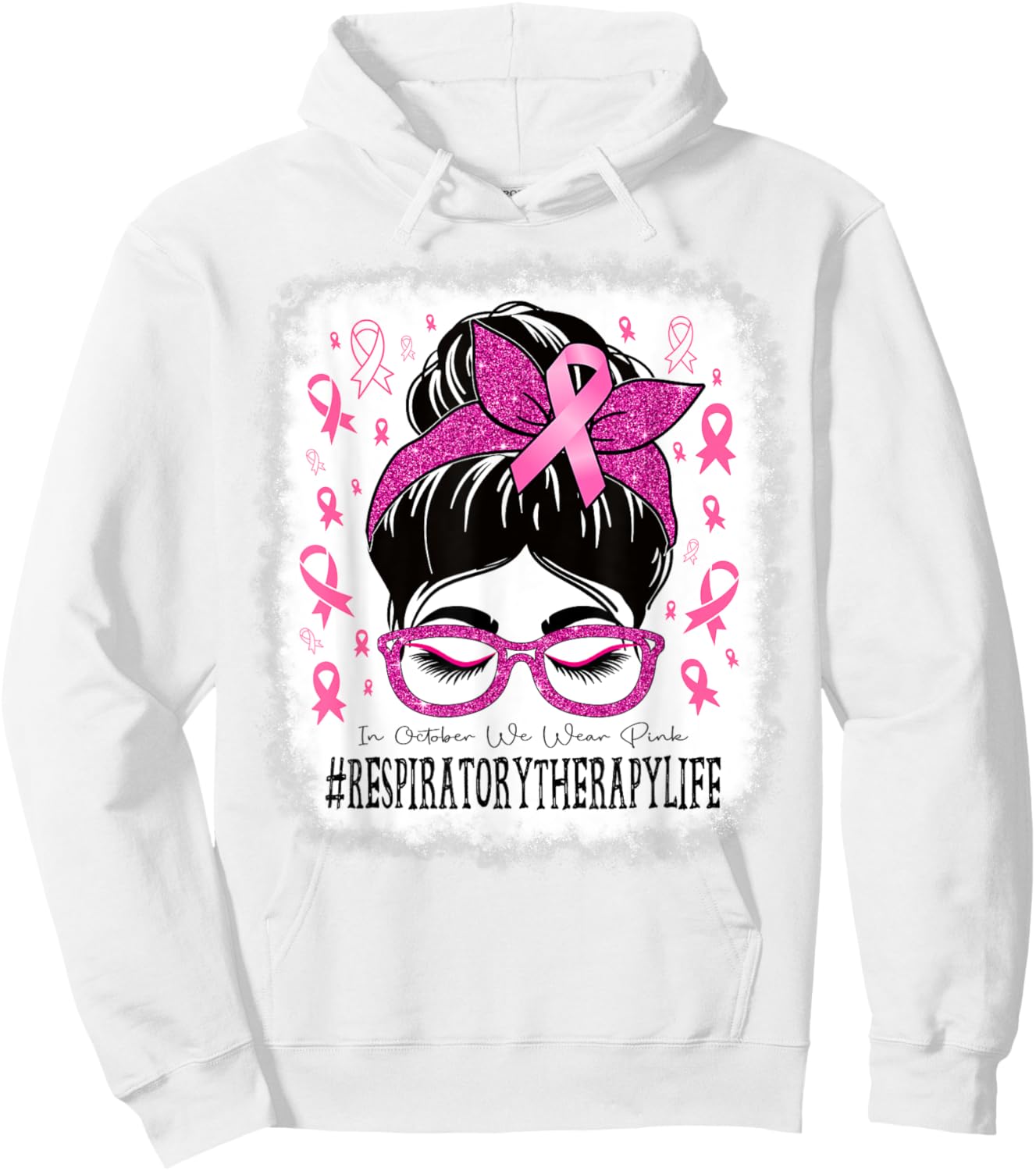 Respiratory Therapy Messy Bun Women Breast Cancer Awareness Hoodie - Hoodie | White