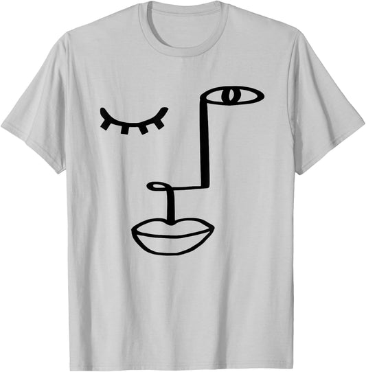 Aesthetic One Line Abstract Fashion Face Minimalist Artsy T-Shirt - T-Shirt | Ash