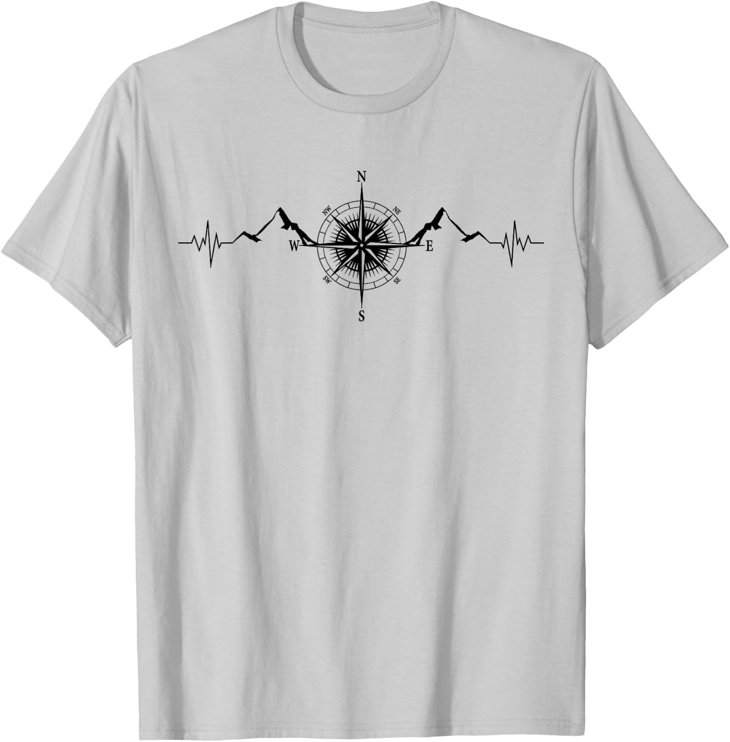 Funny Hiking Nature Mountains Wind Rose Compass Heartbeat T-Shirt - T-Shirt | Ash