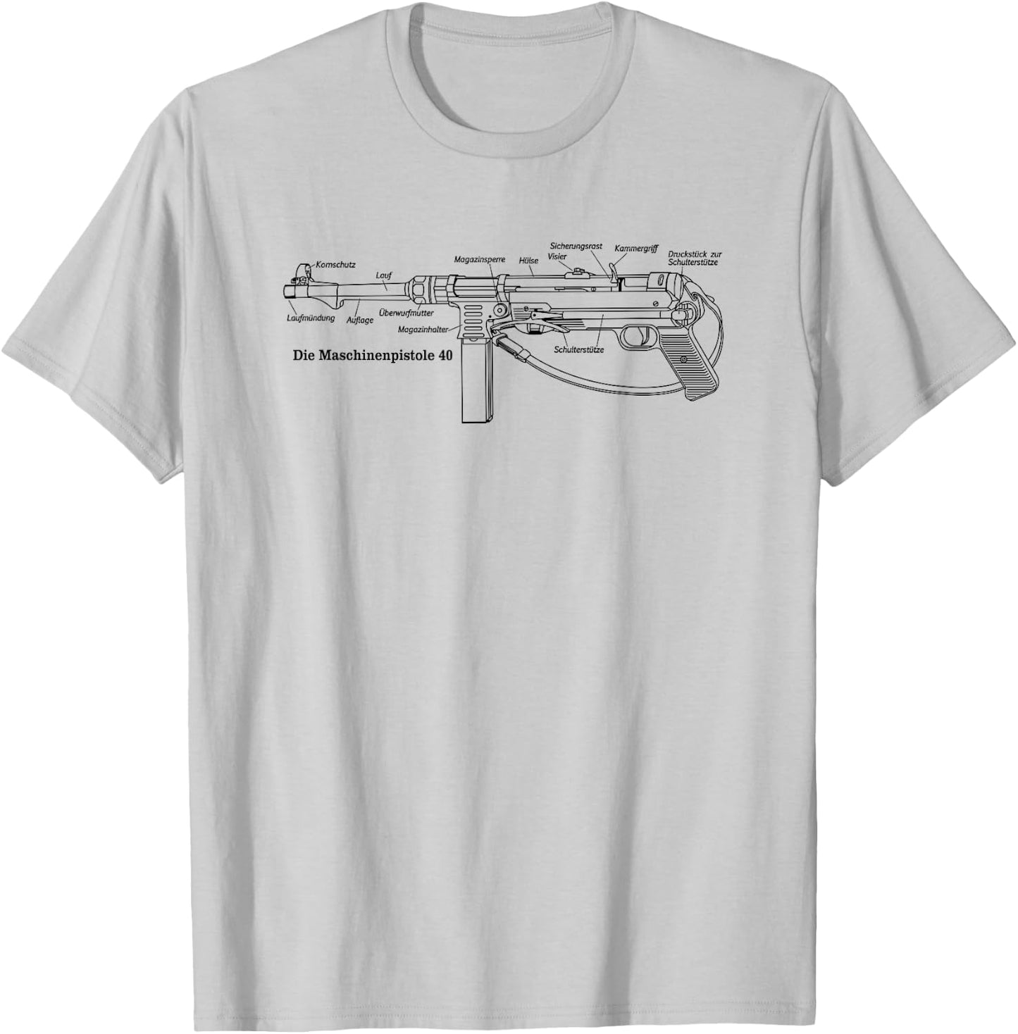 MP40 German WW2 Submachine Gun Infographic in German T-Shirt - T-Shirt | Ash