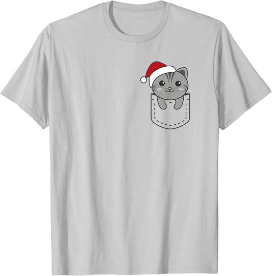 Cat In Pocket Christmas In Breast Pocket Cute Cat Women Kids T-Shirt - T-Shirt | Ash