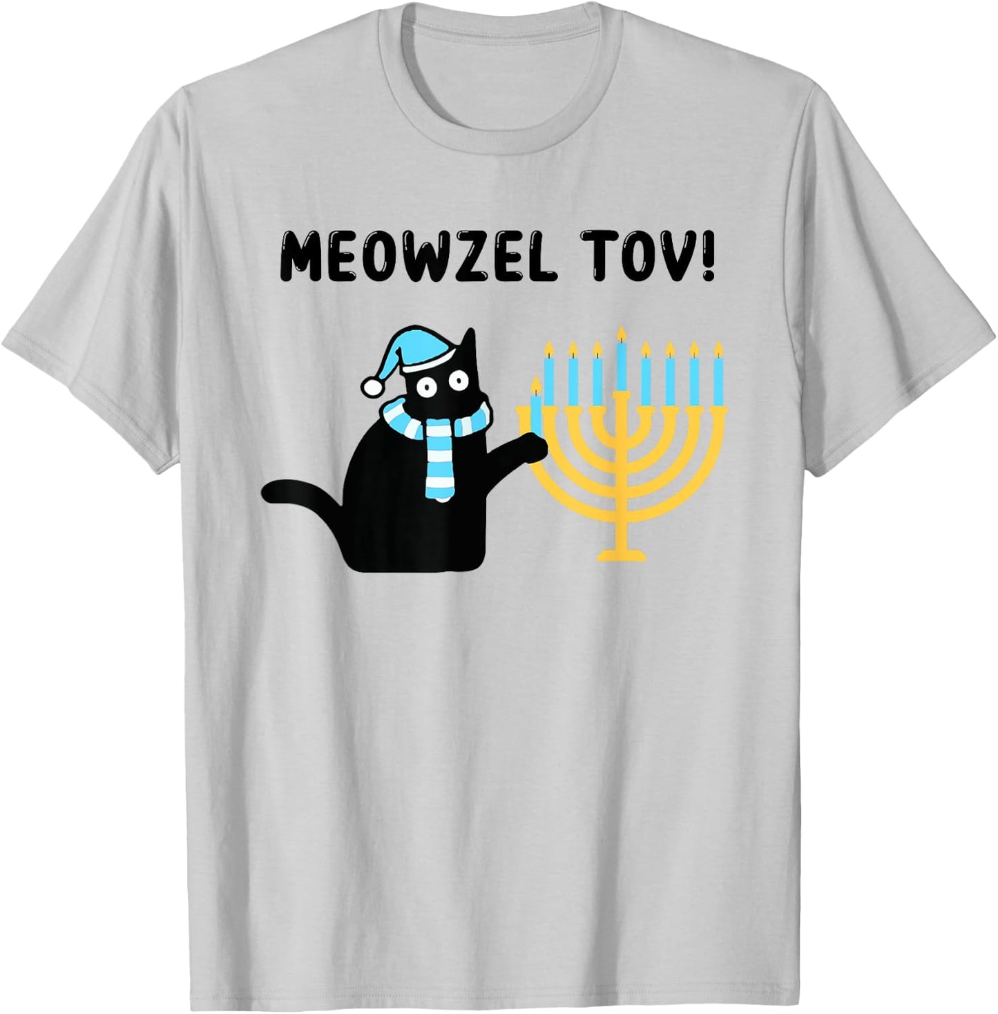Meowzel Tov Gift Black Cat Mazel Tov Menorah Funny Hanukkah T-Shirt - T-Shirt | Ash