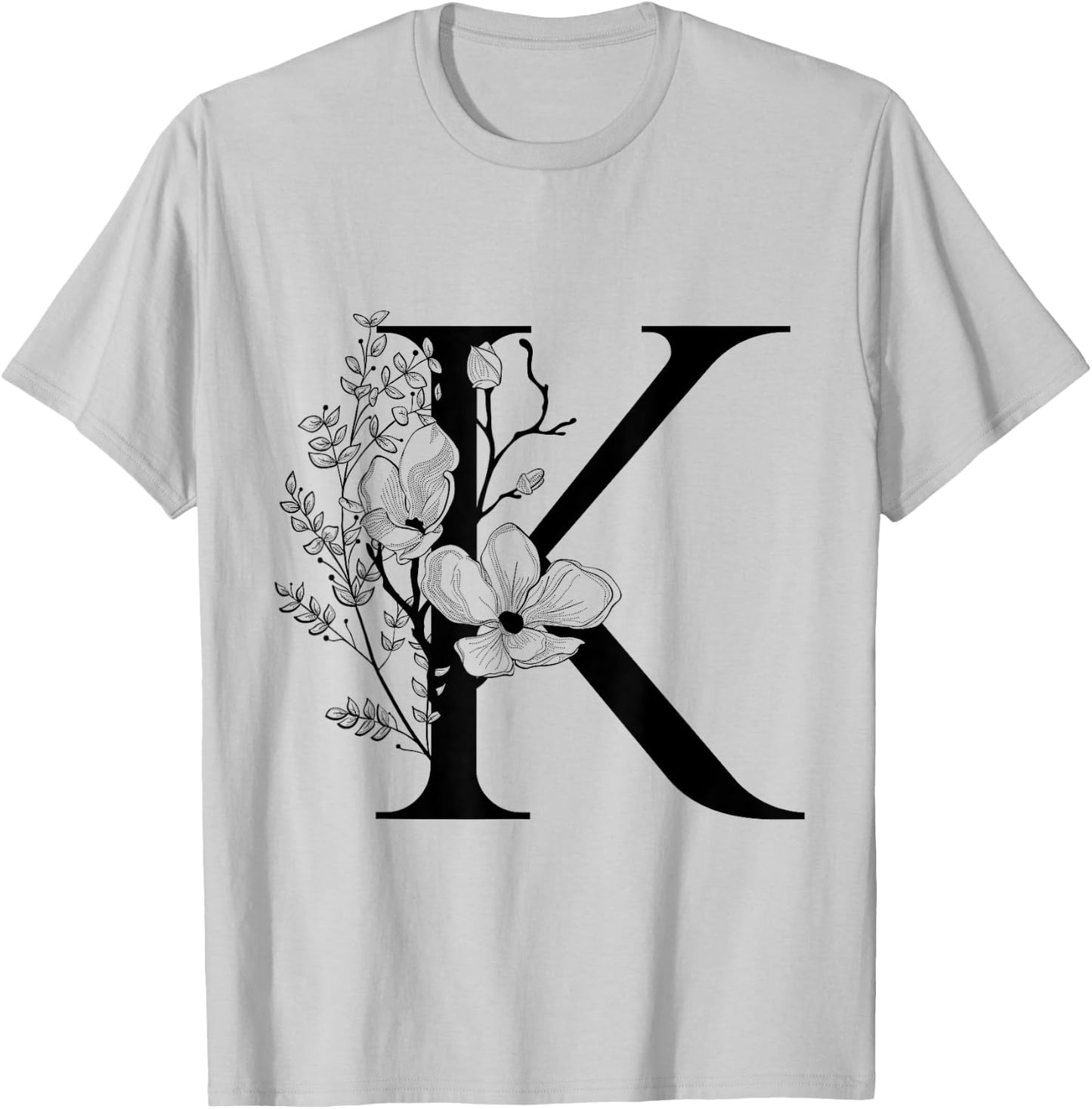 Beautiful Black Letter K Flowers Initial Floral Monogram T-Shirt - T-Shirt | Ash