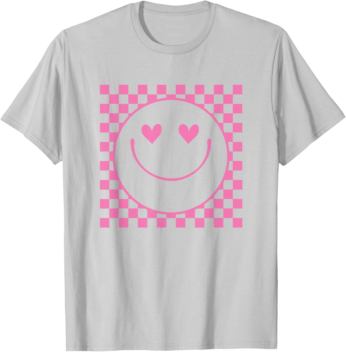 Pink Heart Eyes Smile Face Checkered Pattern Cute Happy Face T-Shirt - T-Shirt | Ash