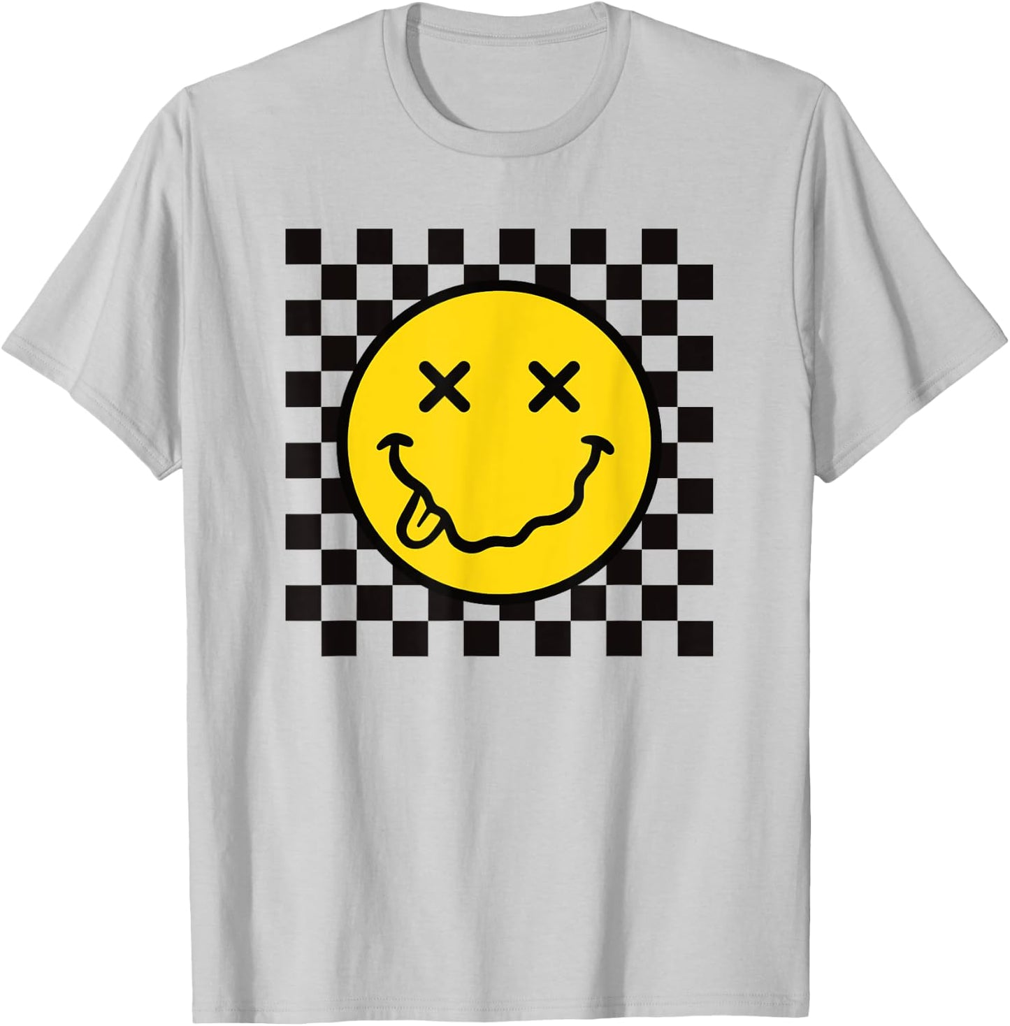 70s Yellow Smile Face Funny Tongue Out Checkered Happy Face T-Shirt - T-Shirt | Ash