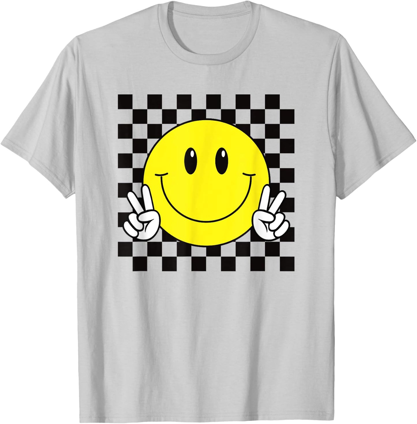 Yellow Smile Face Cute Checkered Peace Smiling Happy Face T-Shirt - T-Shirt | Ash