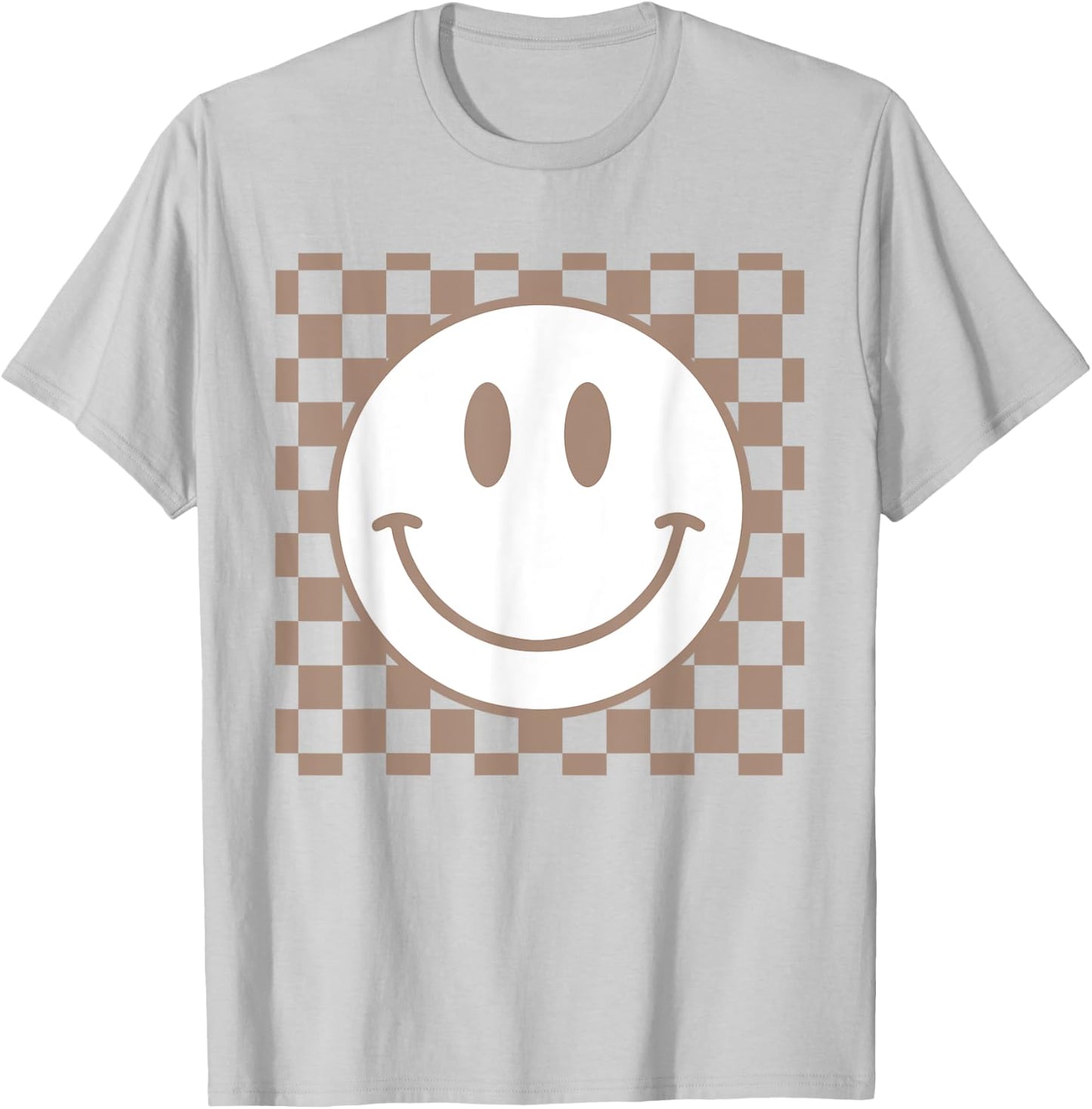 Retro Happy Face Checkered Pattern Smile Face Trendy T-Shirt - T-Shirt | Ash