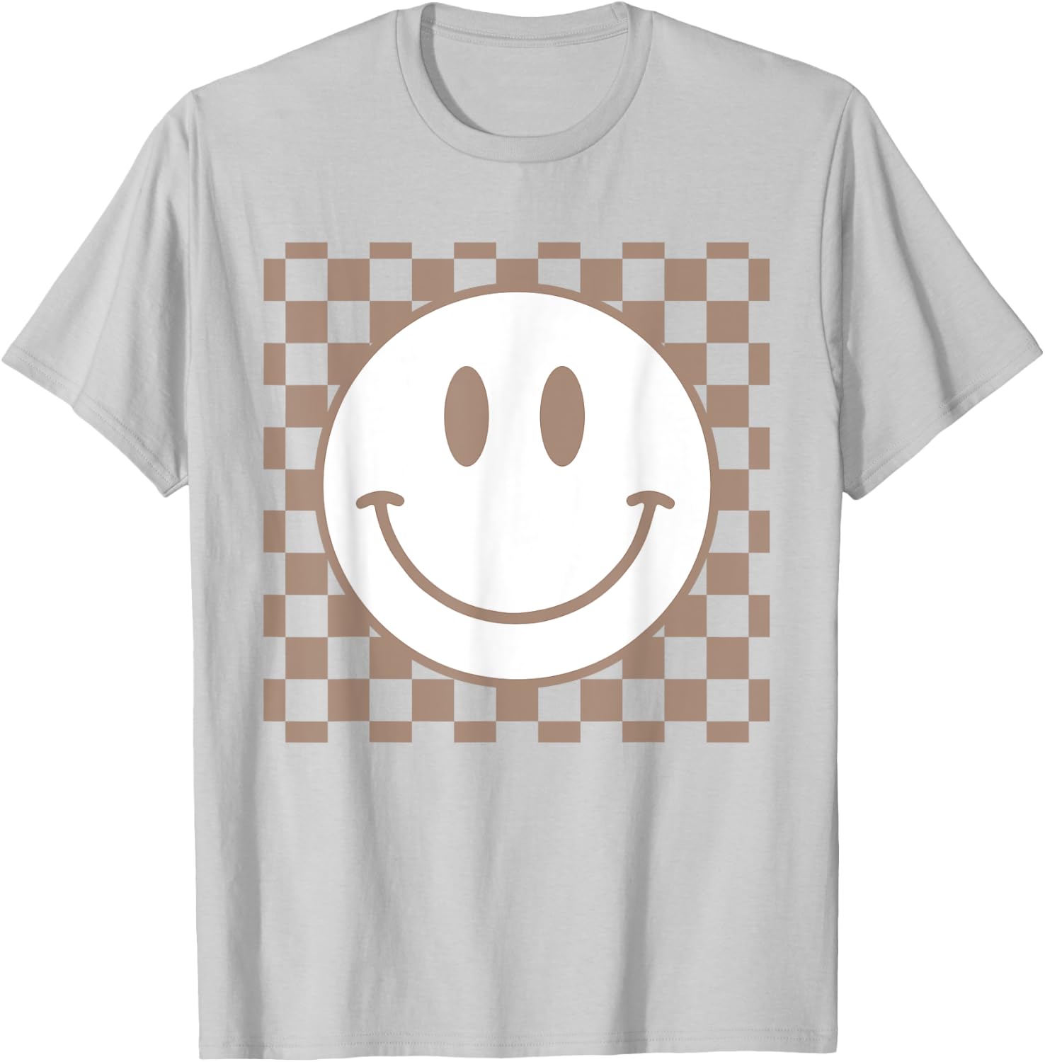 Retro Happy Face Checkered Pattern Smile Face Trendy T-Shirt - T-Shirt | Ash