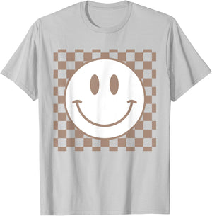 Retro Happy Face Checkered Pattern Smile Face Trendy T-Shirt - T-Shirt | Ash