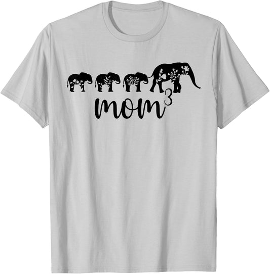 Mom Of Three Elephant Triplet Mom Of 3 Mama Of Three T-Shirt - T-Shirt | Ash
