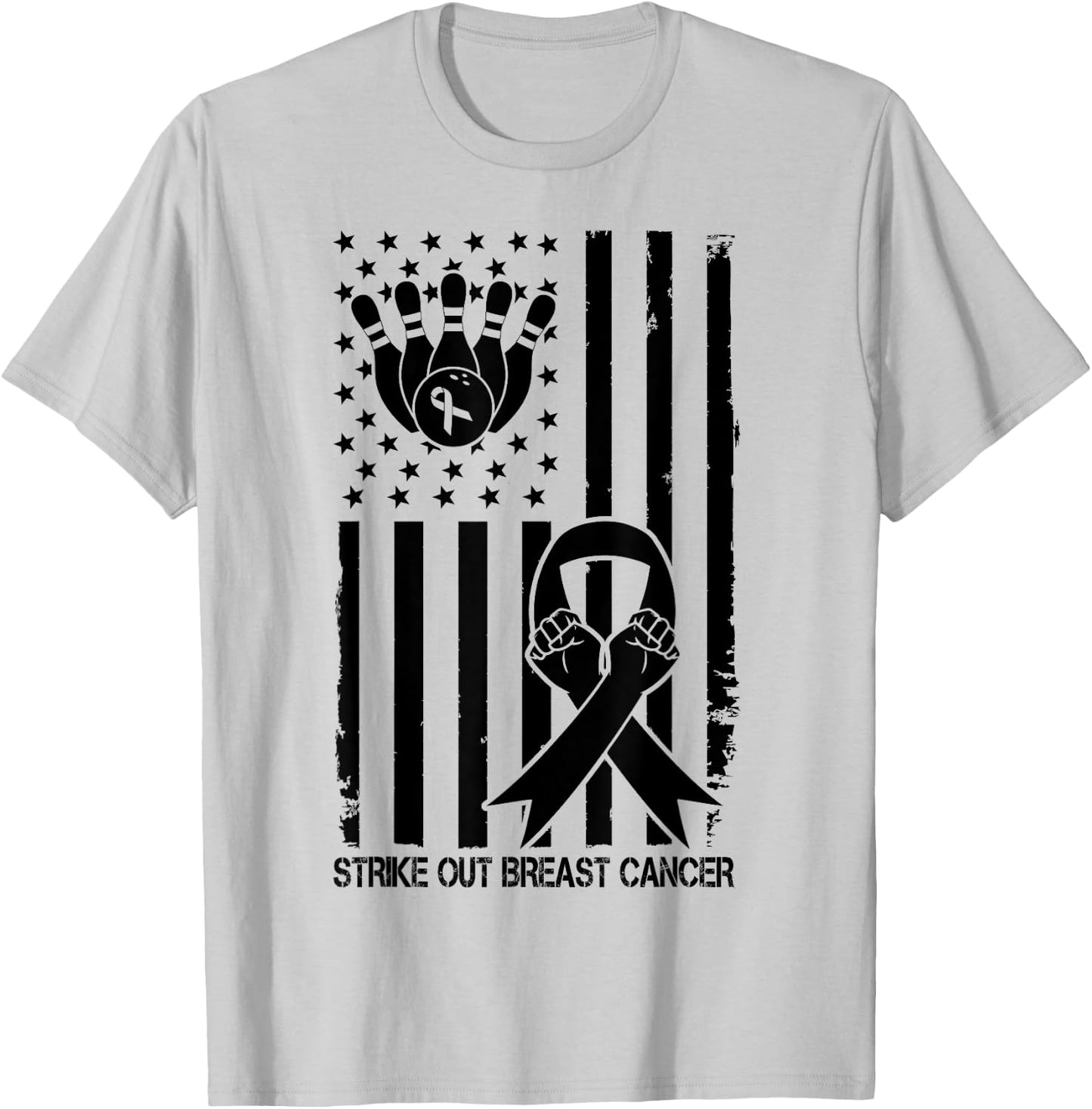 Strike Out Bowling Ribbon USA Flag Breast Cancer Awareness Kids Men T-Shirt - T-Shirt | Ash