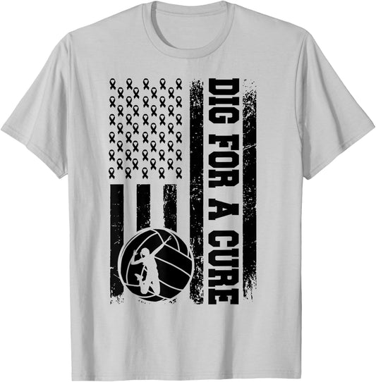 Dig For A Cure Breast Cancer Volleyball Pink American Flag Women Kids Men T-Shirt - T-Shirt | Ash
